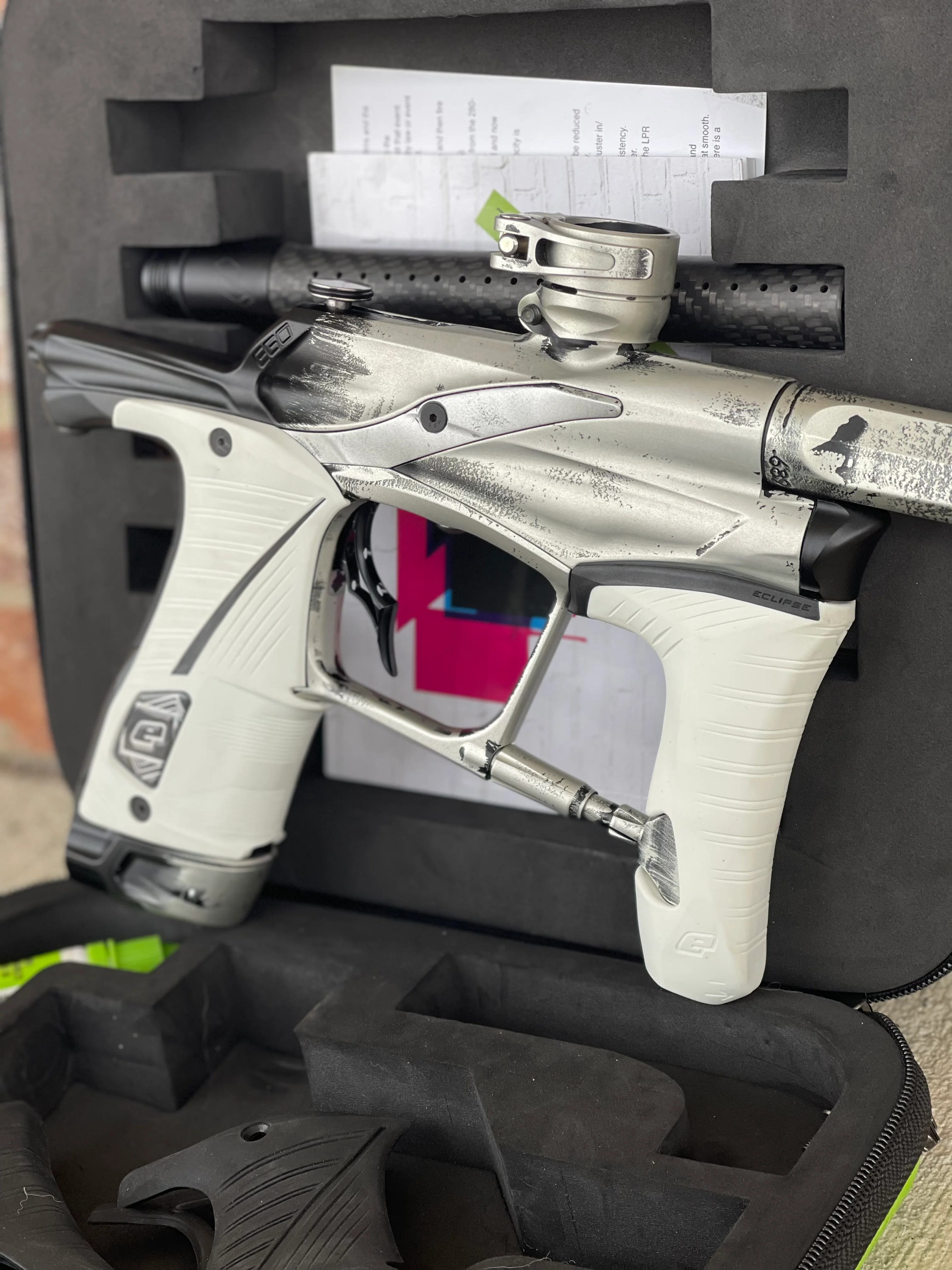 Used Planet Eclipse Ego Lv1.5 Paintball Marker- Silver/Black Fade Custom Anno w/ Infamous Deuce Trigger, White & Black Grips, Freak Barrel & Stock Barrel - Image 3