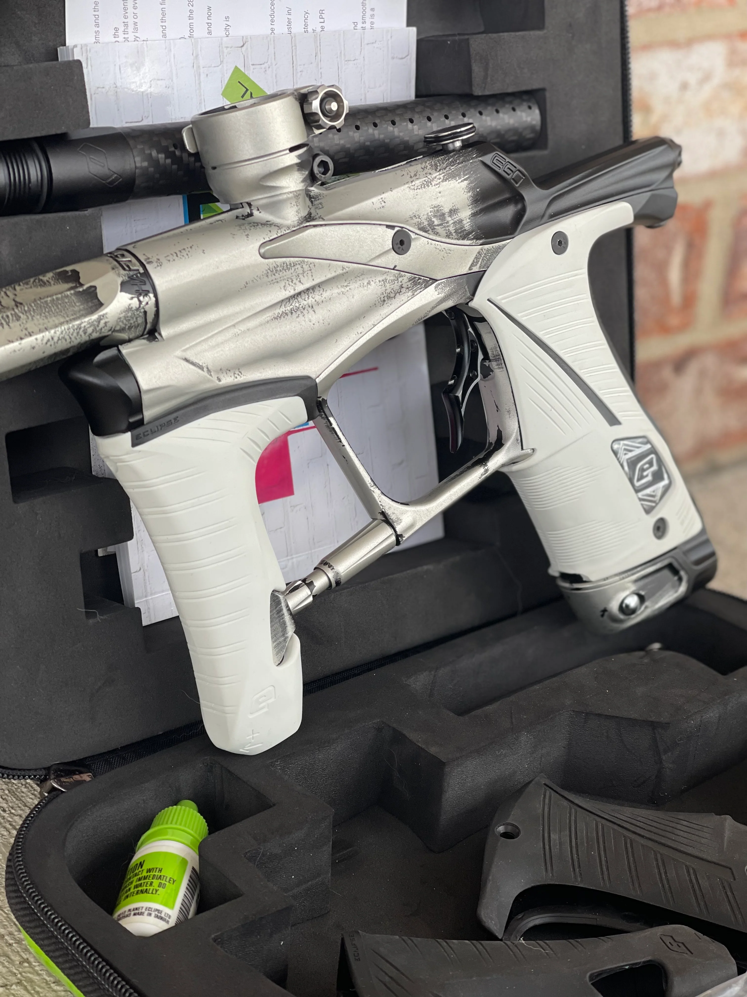 Used Planet Eclipse Ego Lv1.5 Paintball Marker- Silver/Black Fade Custom Anno w/ Infamous Deuce Trigger, White & Black Grips, Freak Barrel & Stock Barrel - Image 4