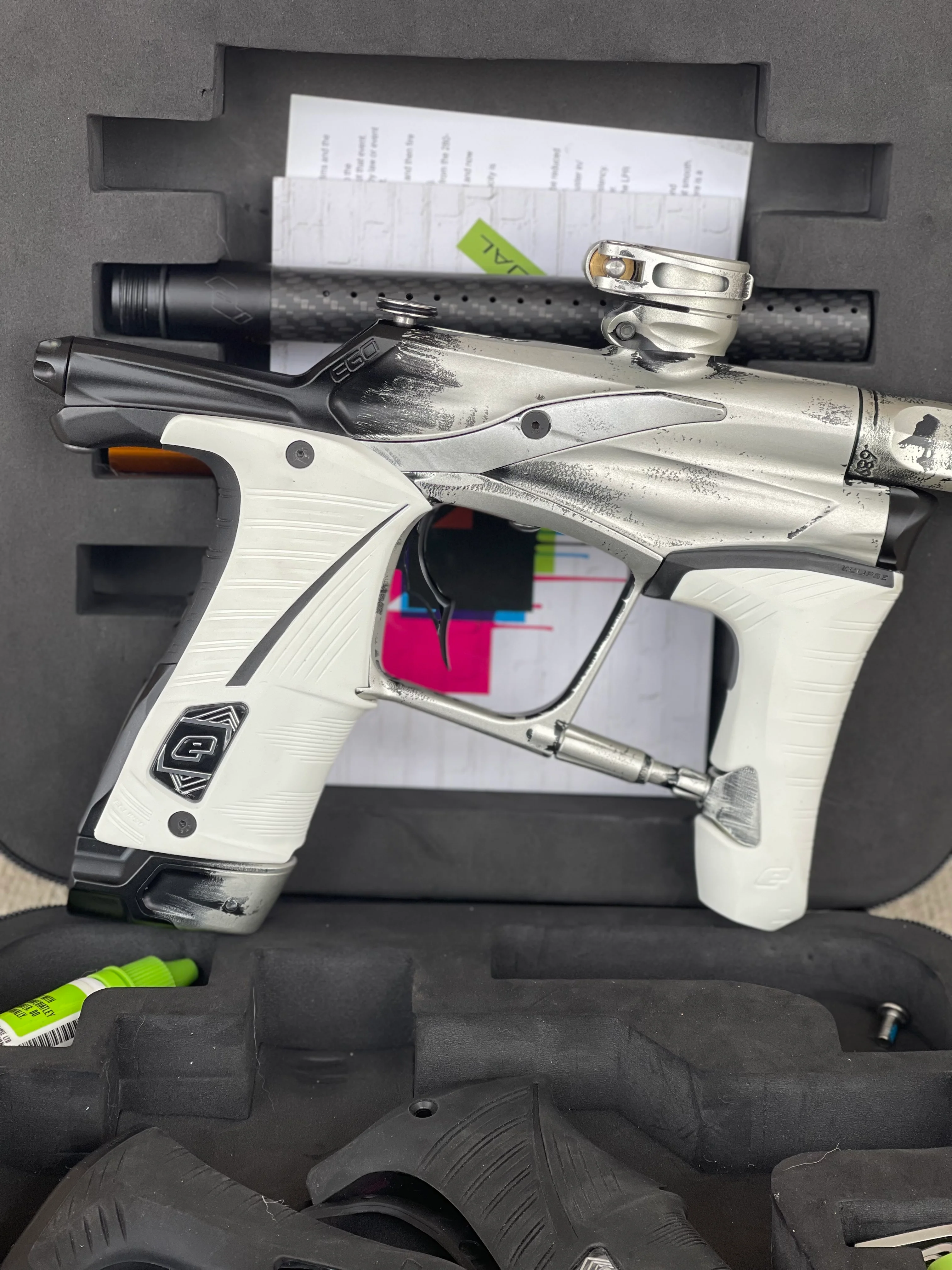 Used Planet Eclipse Ego Lv1.5 Paintball Marker- Silver/Black Fade Custom Anno w/ Infamous Deuce Trigger, White & Black Grips, Freak Barrel & Stock Barrel - Image 5