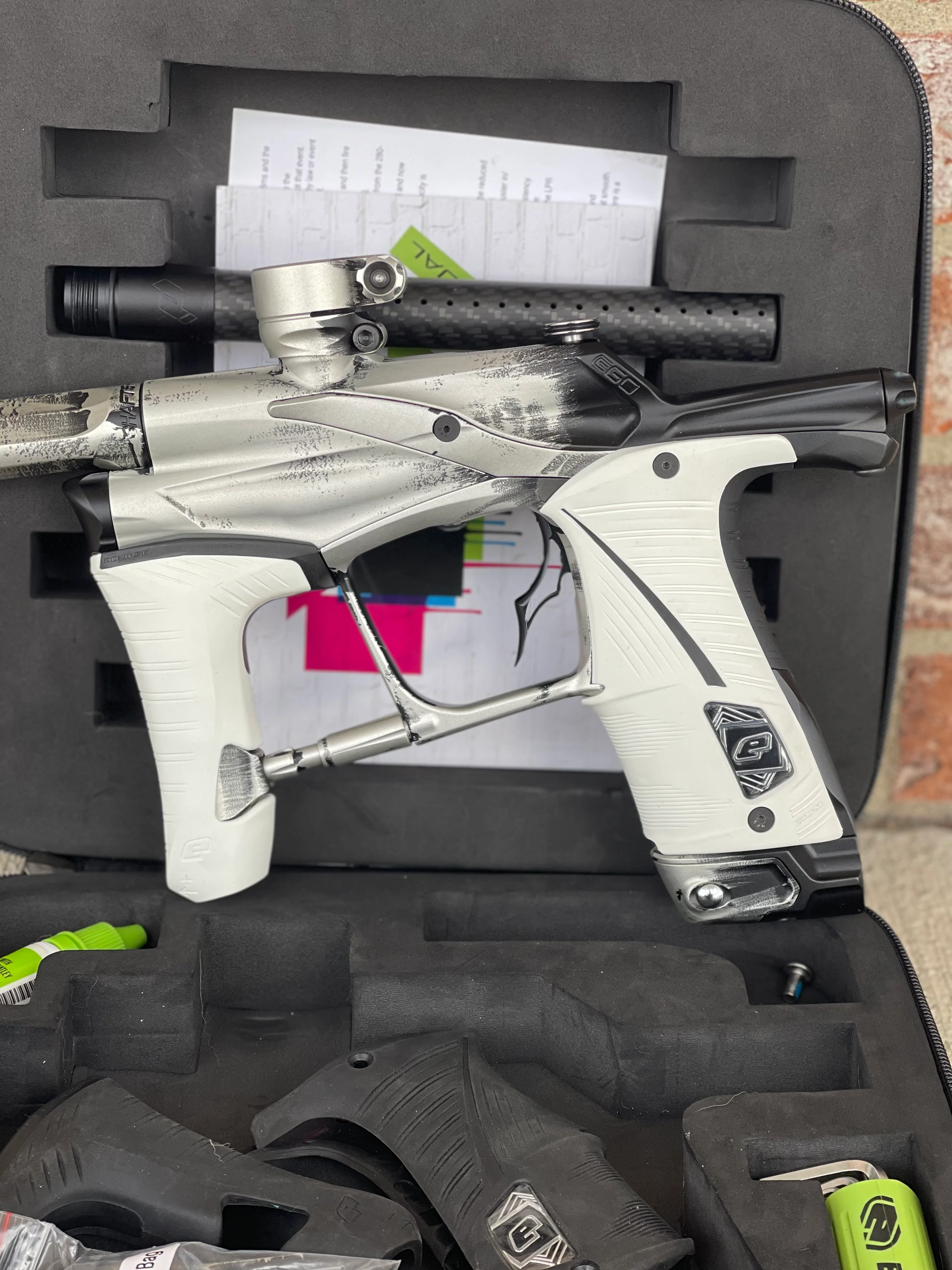Used Planet Eclipse Ego Lv1.5 Paintball Marker- Silver/Black Fade Custom Anno w/ Infamous Deuce Trigger, White & Black Grips, Freak Barrel & Stock Barrel - Image 6