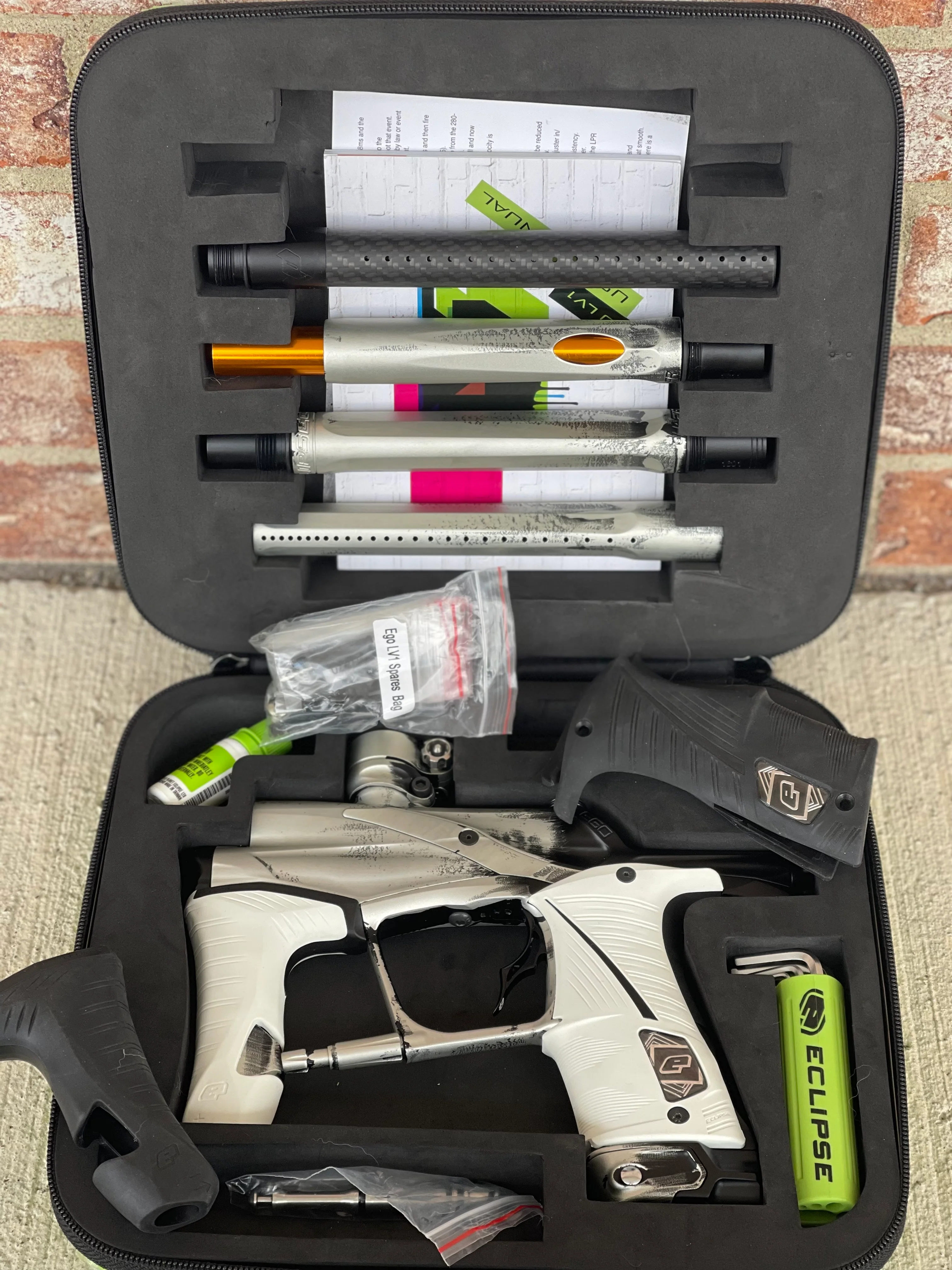 Used Planet Eclipse Ego Lv1.5 Paintball Marker- Silver/Black Fade Custom Anno w/ Infamous Deuce Trigger, White & Black Grips, Freak Barrel & Stock Barrel - Image 7