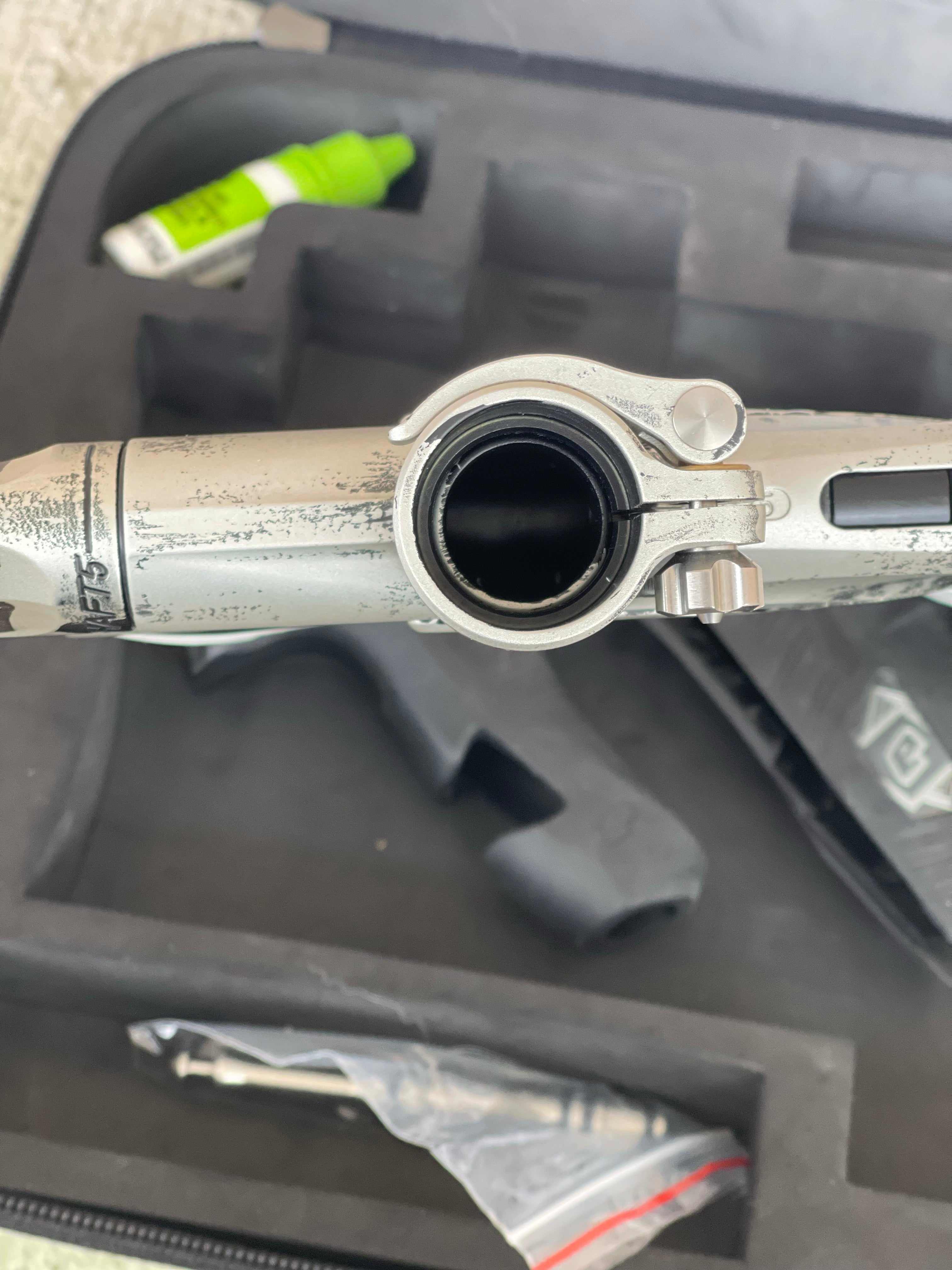 Used Planet Eclipse Ego Lv1.5 Paintball Marker- Silver/Black Fade Custom Anno w/ Infamous Deuce Trigger, White & Black Grips, Freak Barrel & Stock Barrel - Image 9