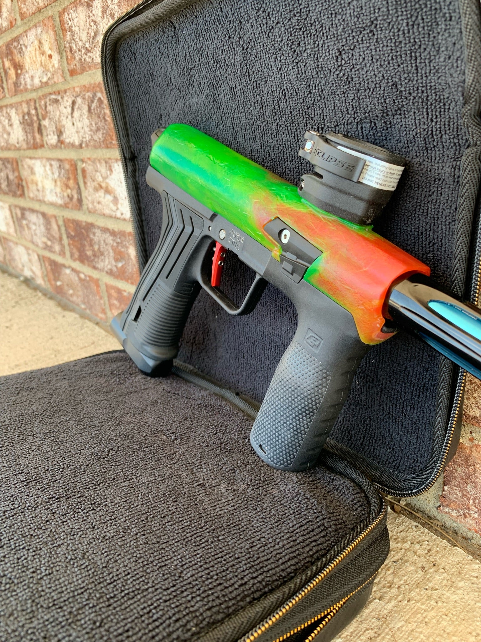 Used Planet Eclipse Emek 100 Paintball Gun - Green - Custom Body w/ Fang Trigger w/ Freak XL Barrel Kit, Hair 45 Trigger Valve, POPS ASA - Image 3