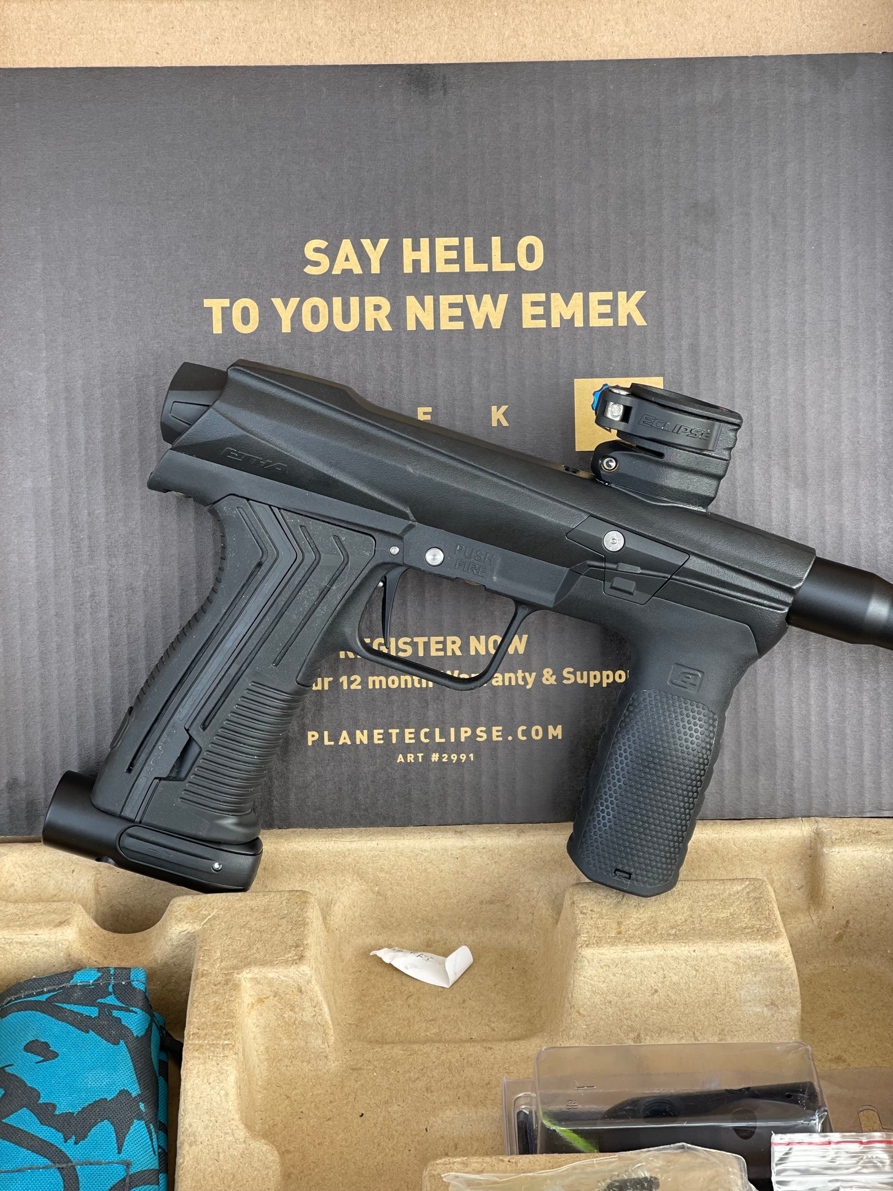 Used Planet Eclipse Emek 100 Paintball Gun - Black - Core Hyper Deuce Trigger, Hair 45 Trigger Valve, POPS ASA, and Exalt Thumbscrew - Image 3