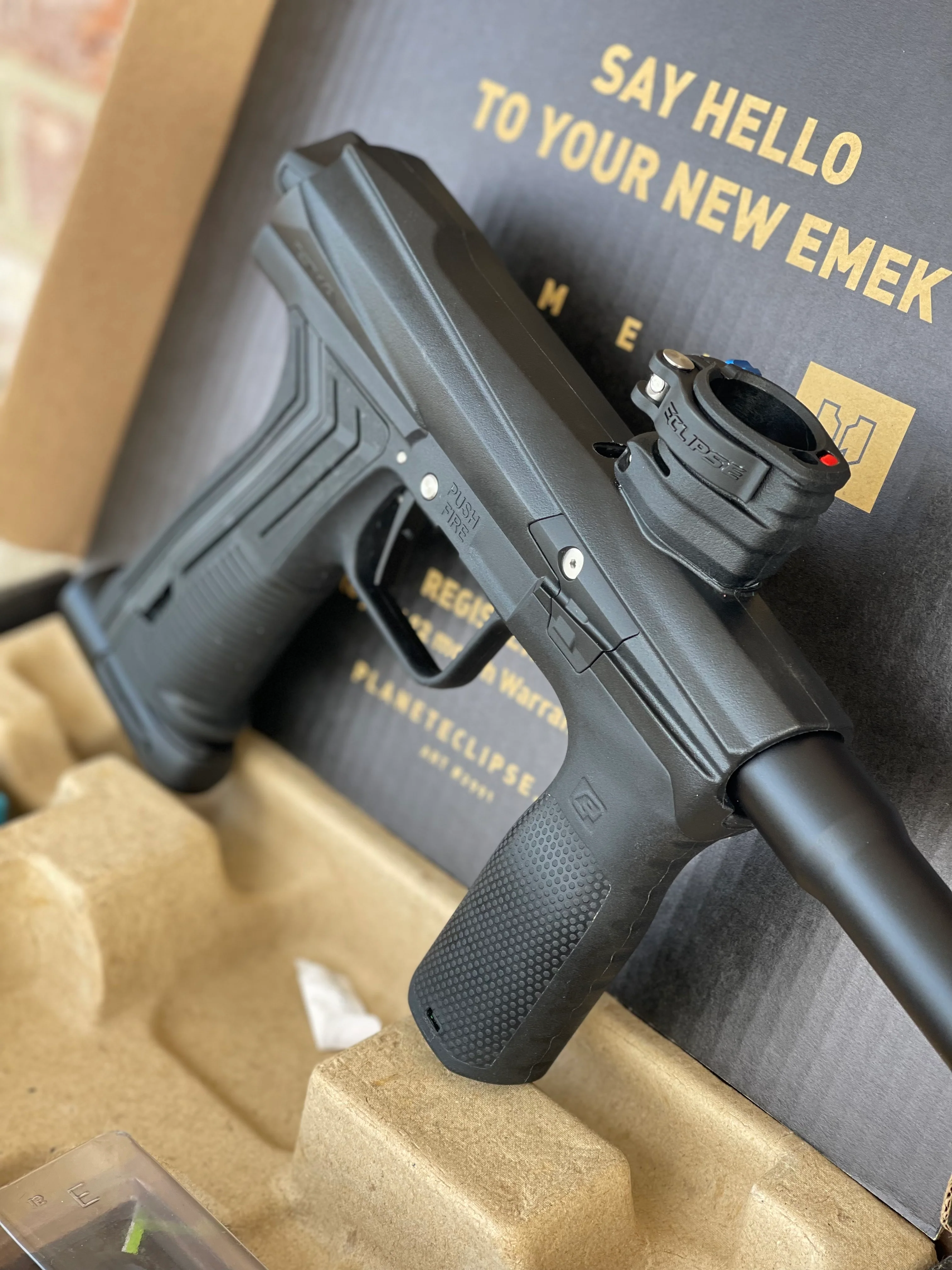Used Planet Eclipse Emek 100 Paintball Gun - Black - Core Hyper Deuce Trigger, Hair 45 Trigger Valve, POPS ASA, and Exalt Thumbscrew - Image 5