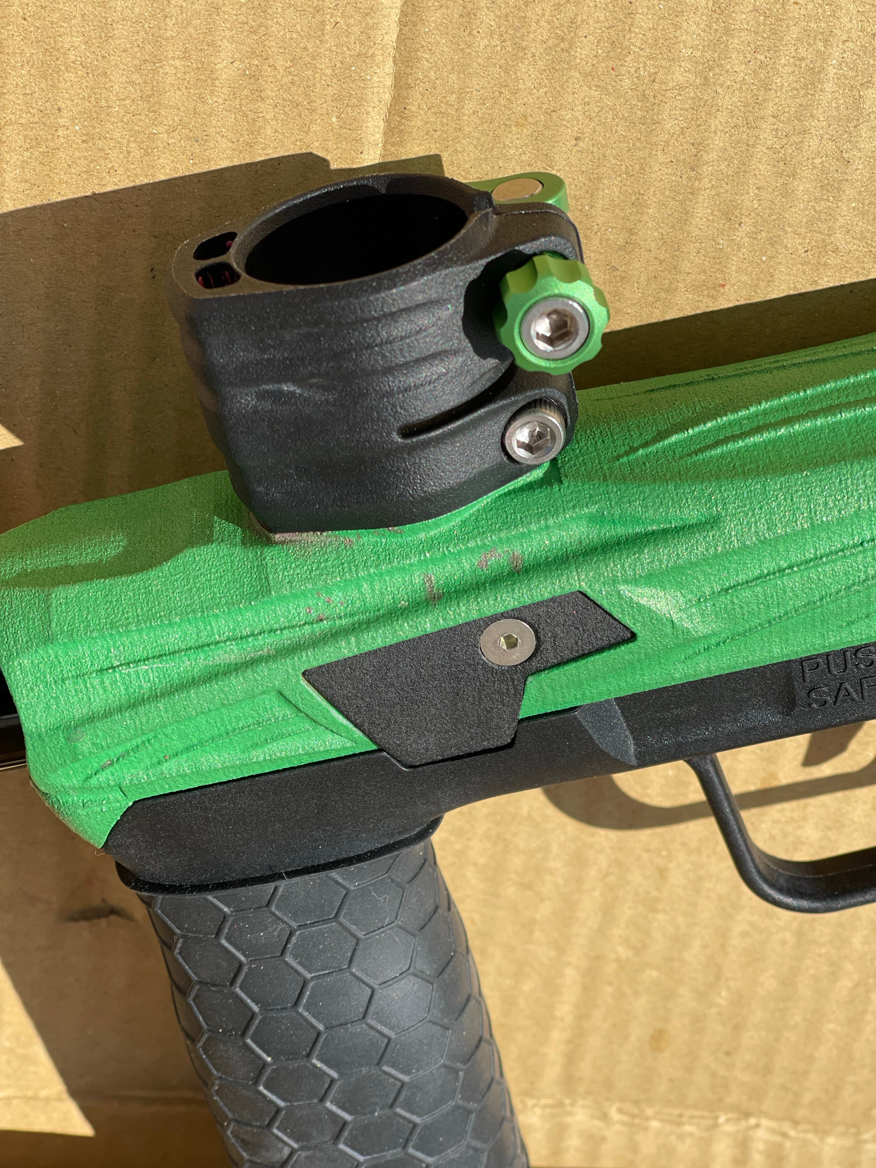 Used Planet Eclipse Emek 100 Paintball Gun - Green - Custom Body w/ Infamous Murder Trigger w/ Freak XL Barrel Kit, Hair 45 Trigger Valve, POPS ASA, Exalt Back Cap, Exalt Feedneck Lever, Rubber Front Grip Sleeve - Image 10