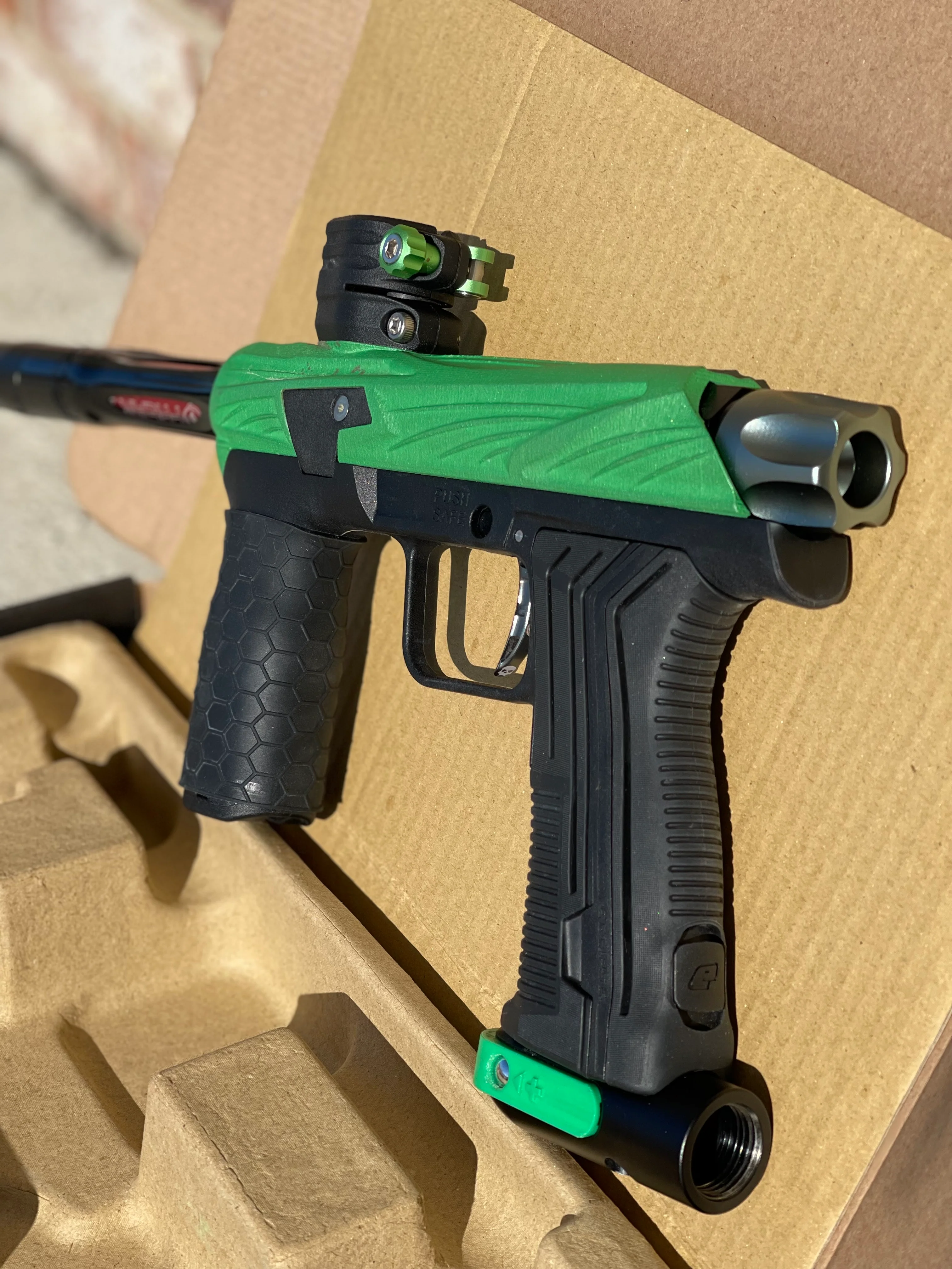 Used Planet Eclipse Emek 100 Paintball Gun - Green - Custom Body w/ Infamous Murder Trigger w/ Freak XL Barrel Kit, Hair 45 Trigger Valve, POPS ASA, Exalt Back Cap, Exalt Feedneck Lever, Rubber Front Grip Sleeve - Image 2