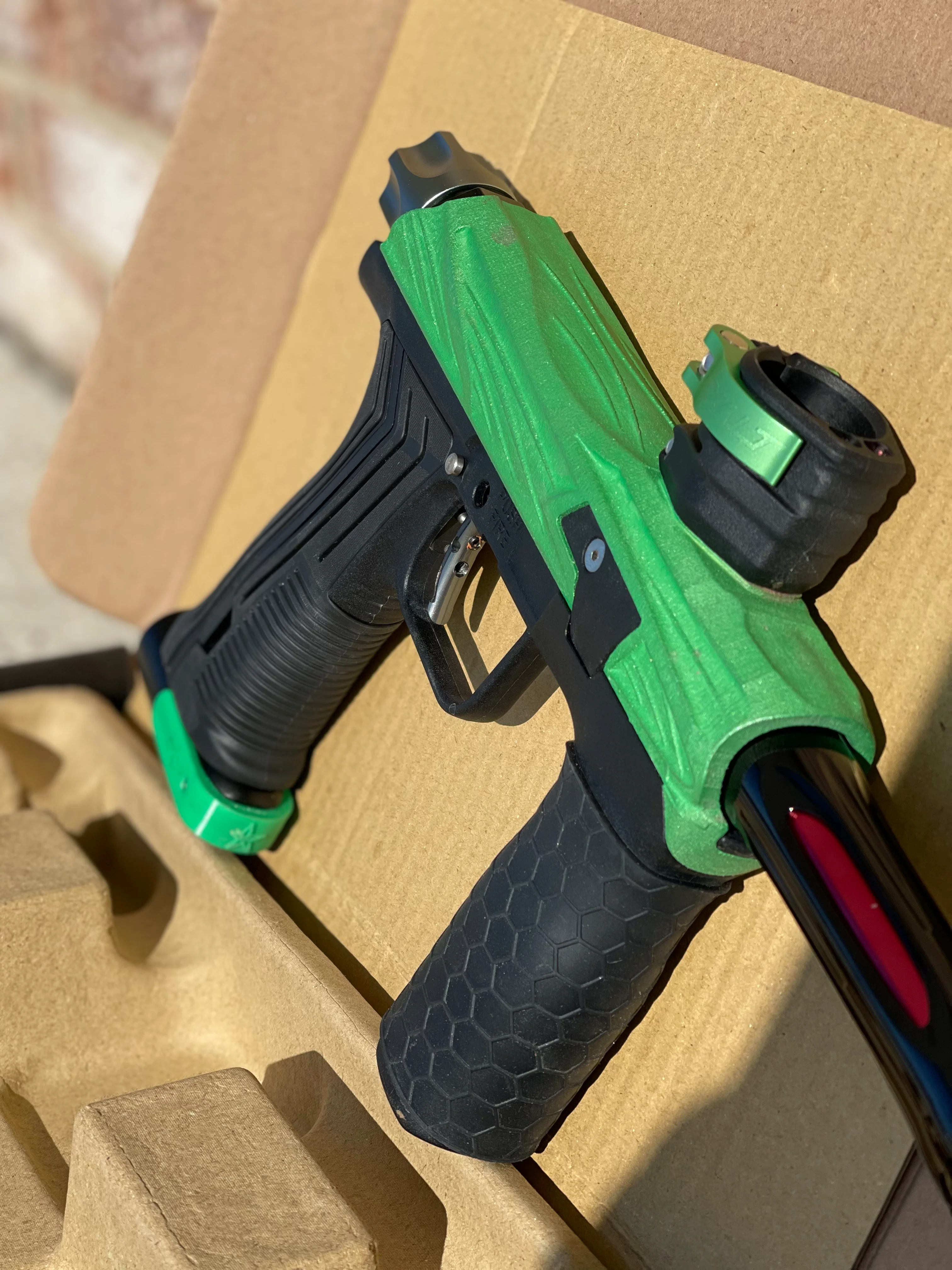 Used Planet Eclipse Emek 100 Paintball Gun - Green - Custom Body w/ Infamous Murder Trigger w/ Freak XL Barrel Kit, Hair 45 Trigger Valve, POPS ASA, Exalt Back Cap, Exalt Feedneck Lever, Rubber Front Grip Sleeve - Image 3