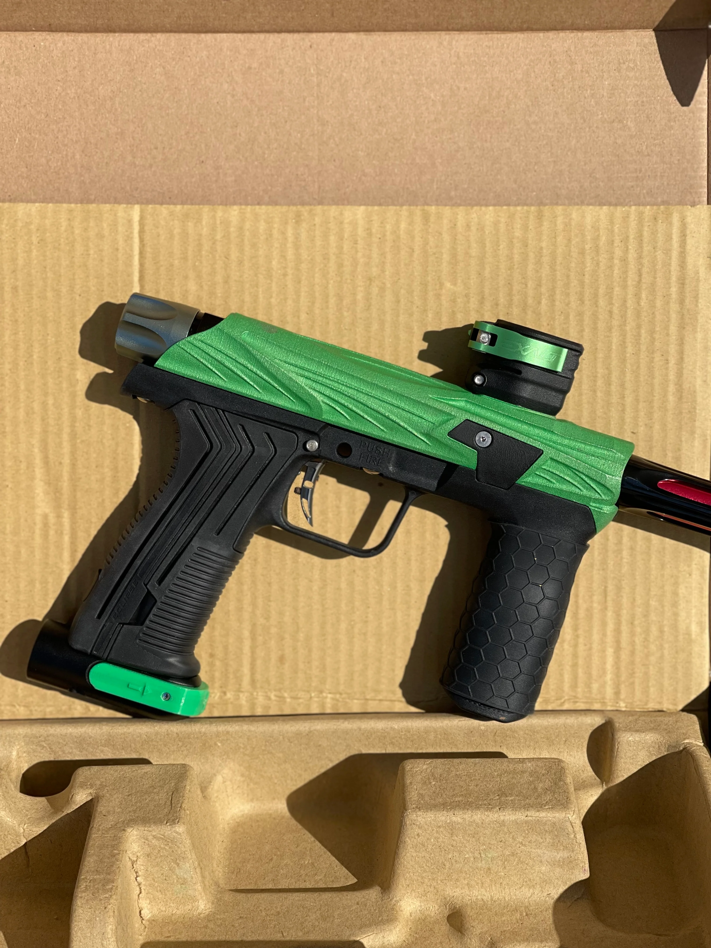 Used Planet Eclipse Emek 100 Paintball Gun - Green - Custom Body w/ Infamous Murder Trigger w/ Freak XL Barrel Kit, Hair 45 Trigger Valve, POPS ASA, Exalt Back Cap, Exalt Feedneck Lever, Rubber Front Grip Sleeve - Image 5