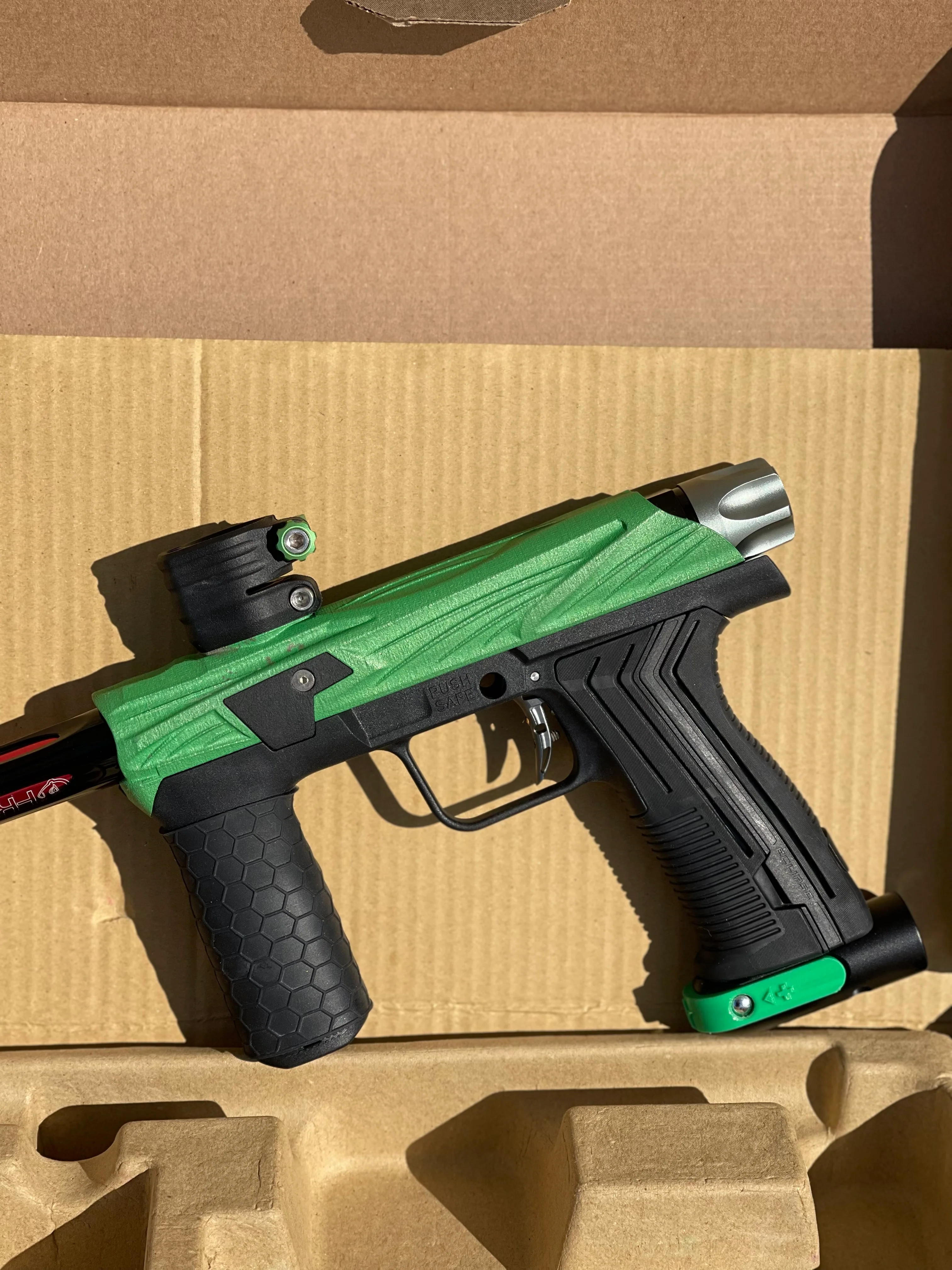 Used Planet Eclipse Emek 100 Paintball Gun - Green - Custom Body w/ Infamous Murder Trigger w/ Freak XL Barrel Kit, Hair 45 Trigger Valve, POPS ASA, Exalt Back Cap, Exalt Feedneck Lever, Rubber Front Grip Sleeve - Image 6
