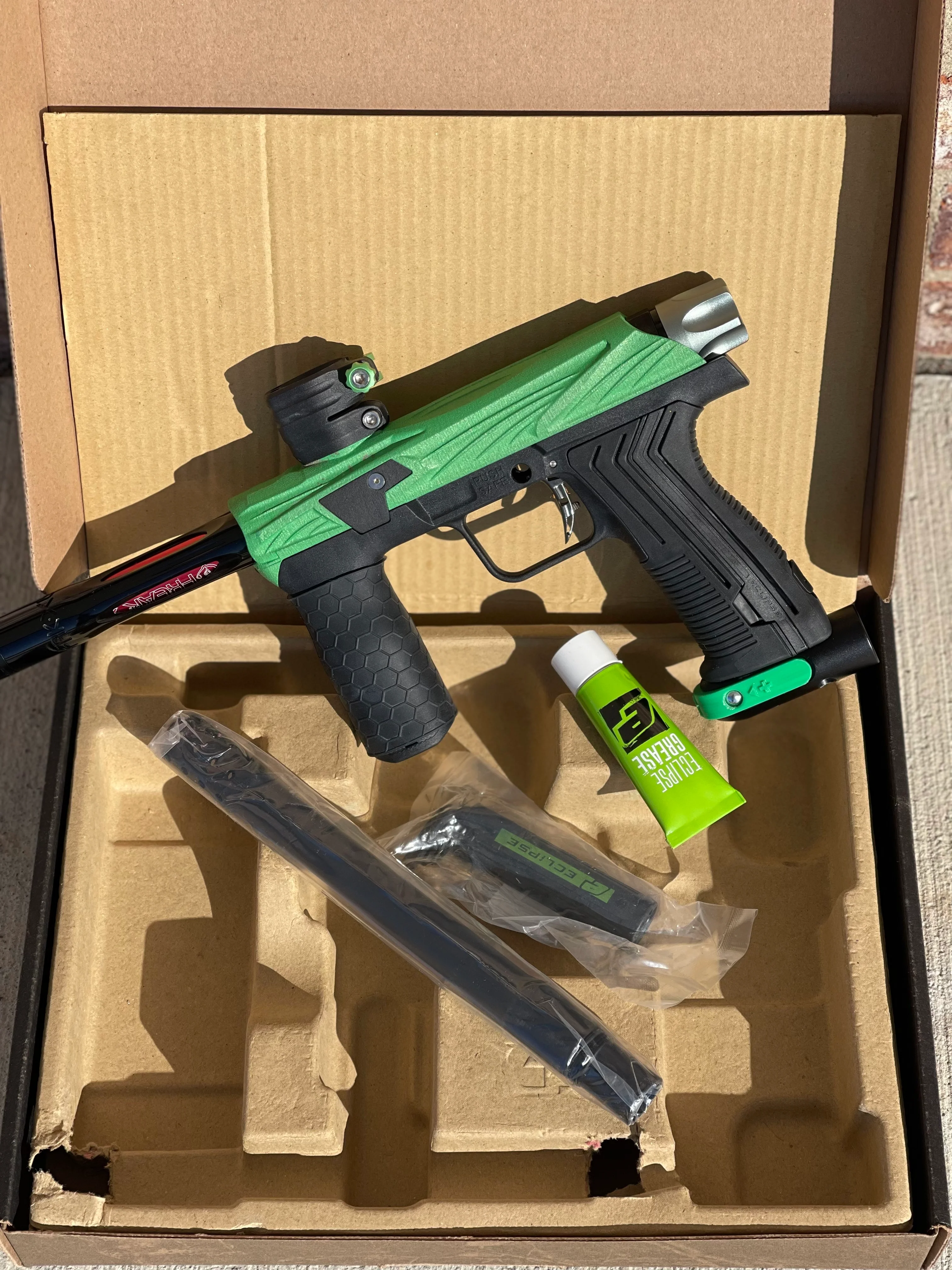 Used Planet Eclipse Emek 100 Paintball Gun - Green - Custom Body w/ Infamous Murder Trigger w/ Freak XL Barrel Kit, Hair 45 Trigger Valve, POPS ASA, Exalt Back Cap, Exalt Feedneck Lever, Rubber Front Grip Sleeve - Image 7