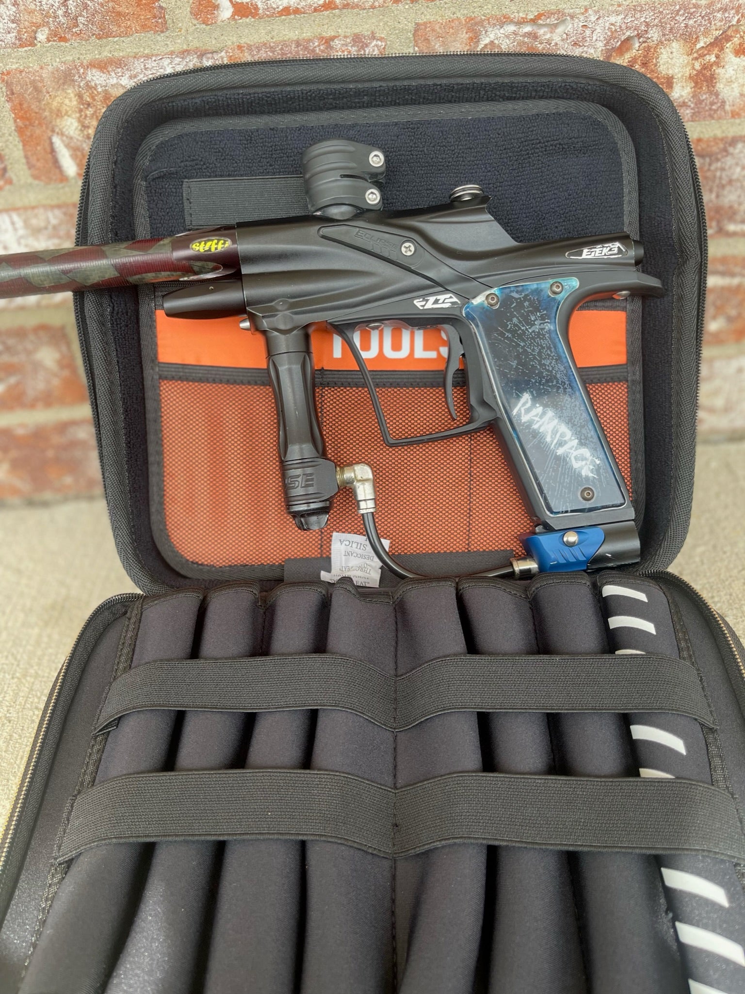 Used Planet Eclipse Etek 3 LT Paintball Gun - Dust Black w/ 14" American Flag Stiffi, POPS ASA, & Rampage Board - Image 3