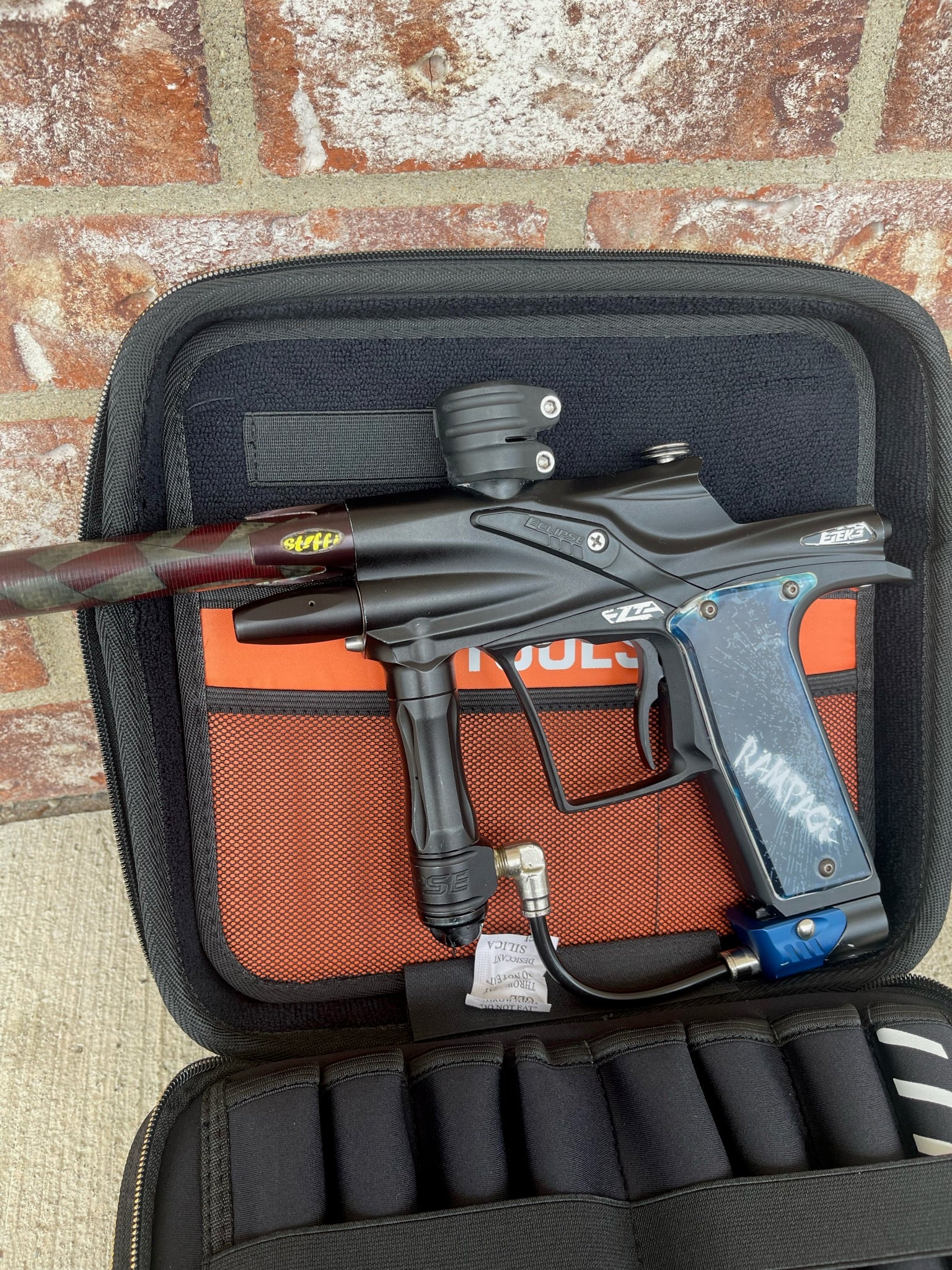 Used Planet Eclipse Etek 3 LT Paintball Gun - Dust Black w/ 14" American Flag Stiffi, POPS ASA, & Rampage Board - Image 5