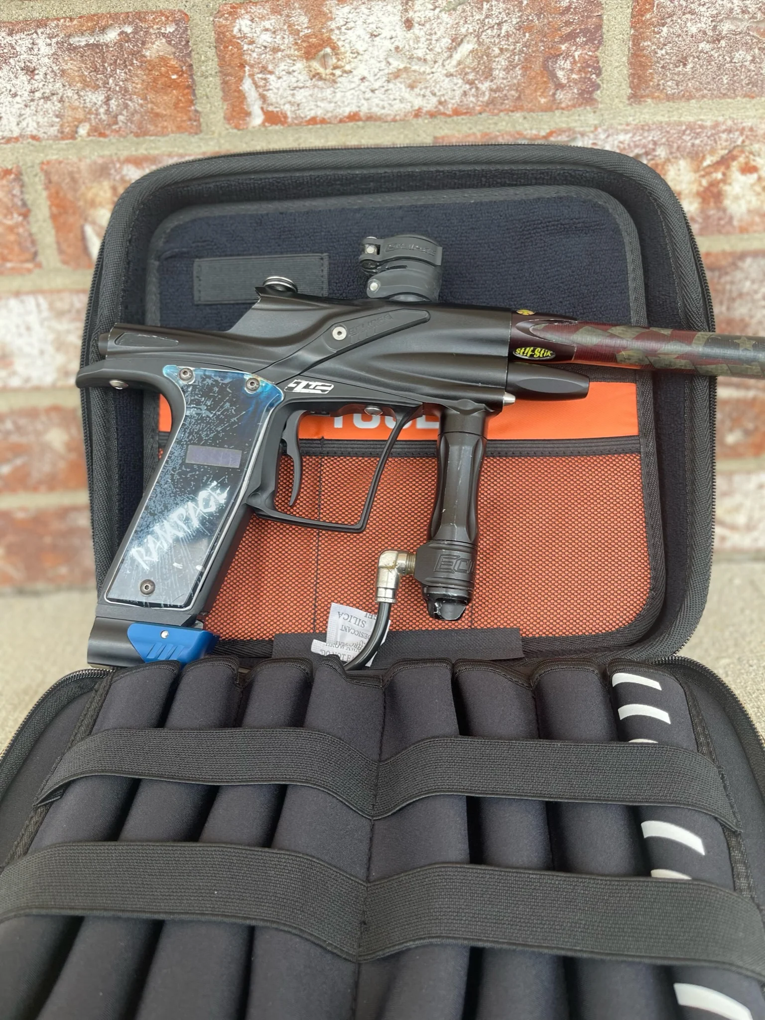 Used Planet Eclipse Etek 3 LT Paintball Gun - Dust Black w/ 14" American Flag Stiffi, POPS ASA, & Rampage Board - Image 6