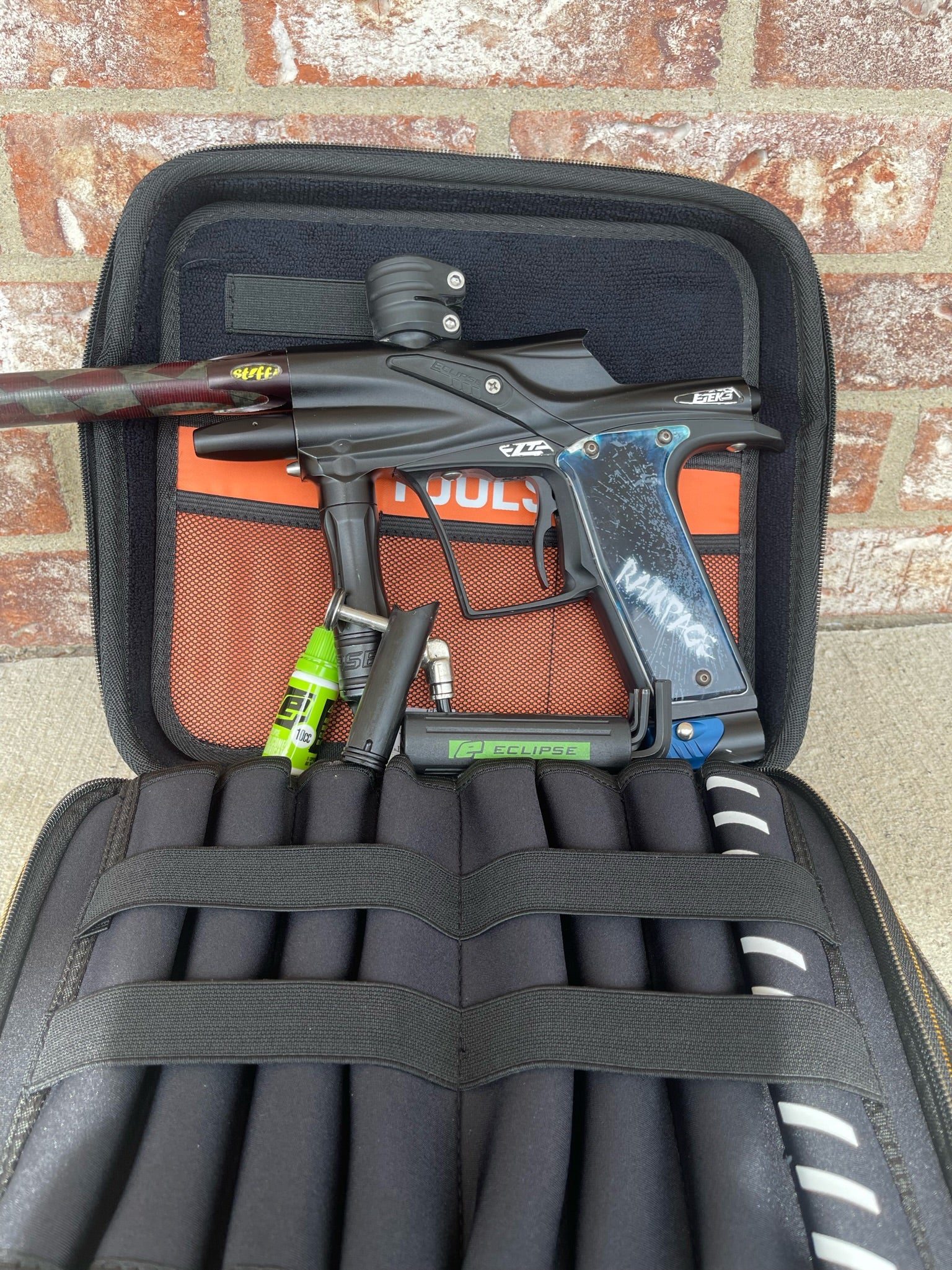 Used Planet Eclipse Etek 3 LT Paintball Gun - Dust Black w/ 14" American Flag Stiffi, POPS ASA, & Rampage Board - Image 7