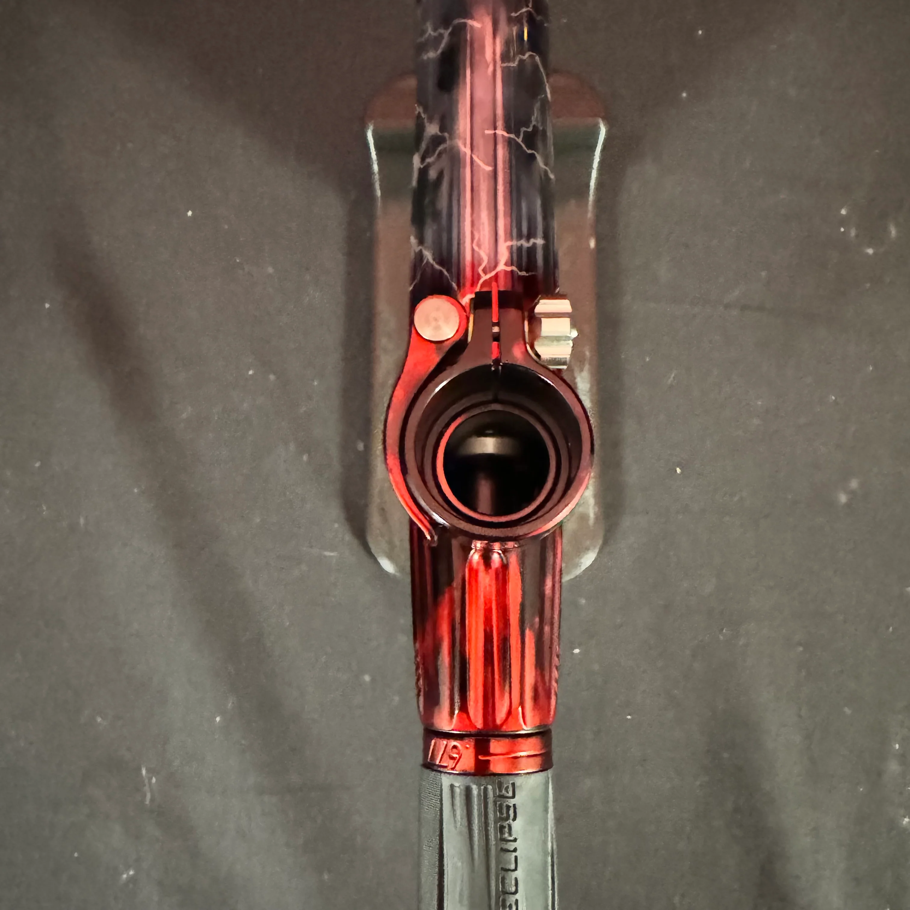 Used Planet Eclipse Geo 4 Paintball Gun - Silver/Red Acid Wash Fade w/Lightning Bolts, Infamous Trigger - Image 10