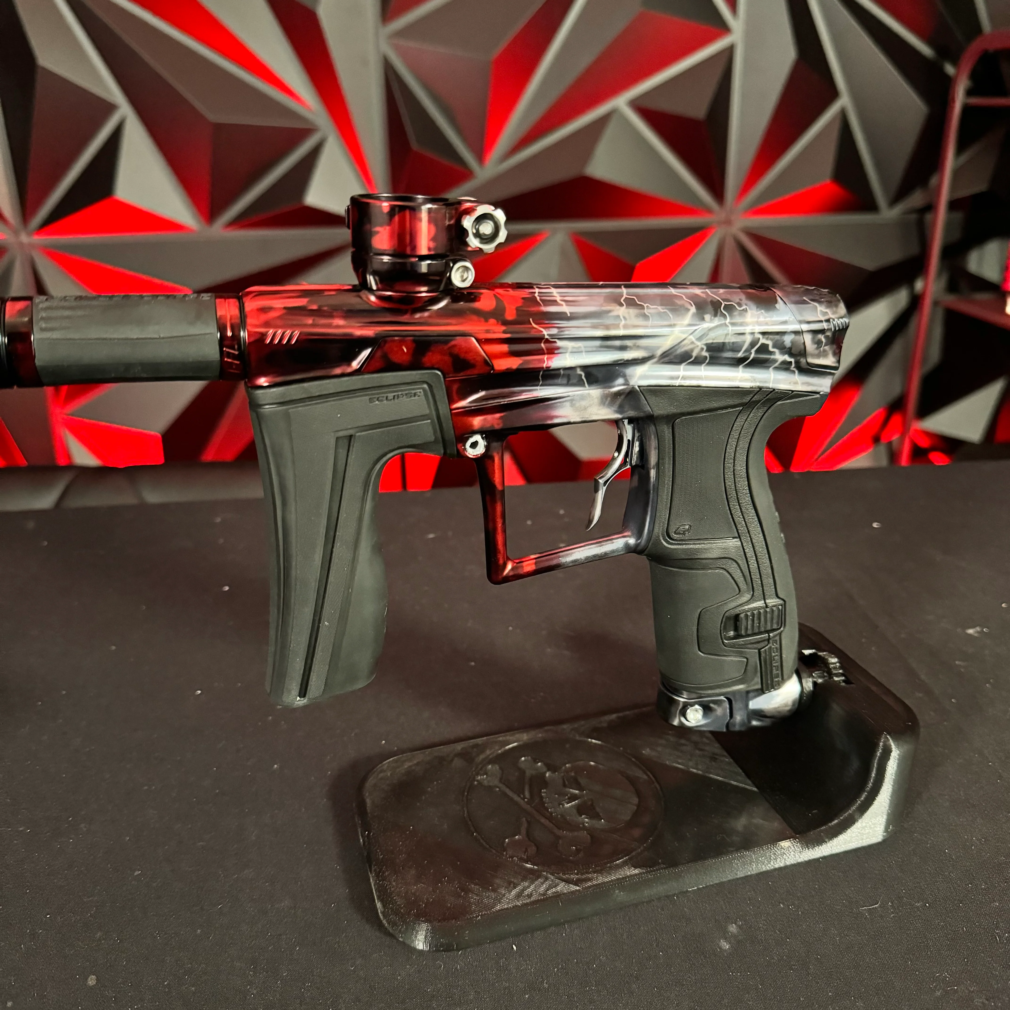 Used Planet Eclipse Geo 4 Paintball Gun - Silver/Red Acid Wash Fade w/Lightning Bolts, Infamous Trigger - Image 5