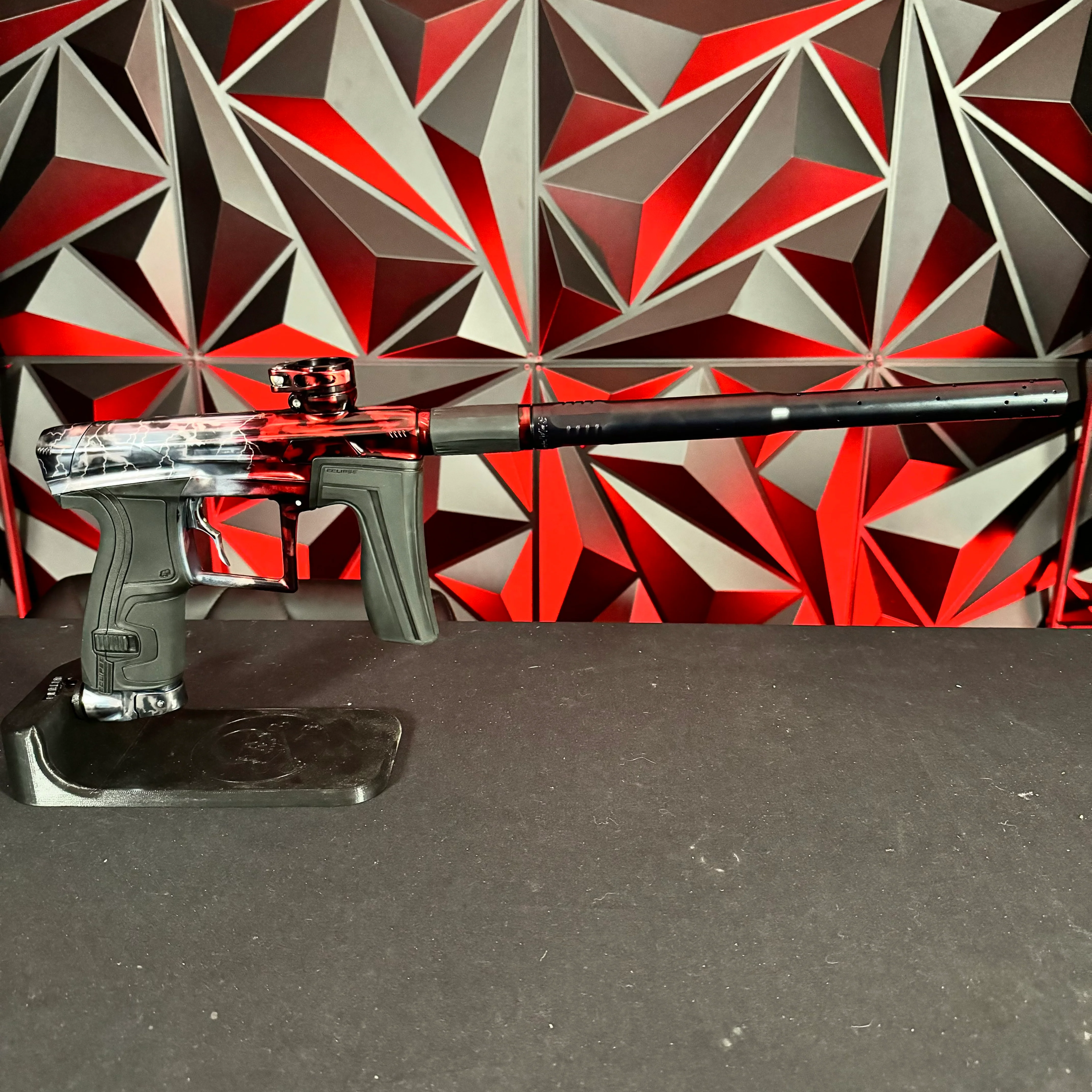 Used Planet Eclipse Geo 4 Paintball Gun - Silver/Red Acid Wash Fade w/Lightning Bolts, Infamous Trigger - Image 6