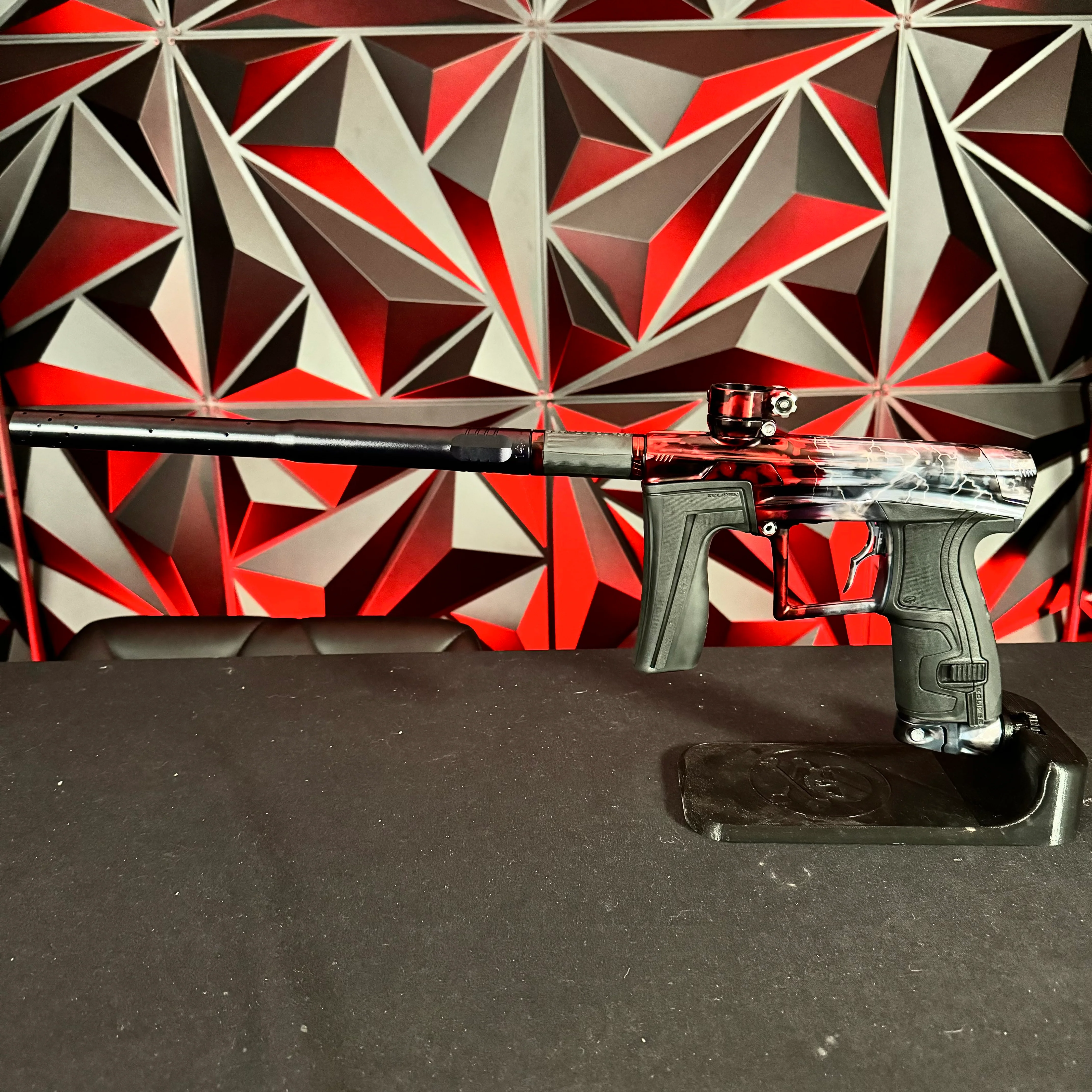 Used Planet Eclipse Geo 4 Paintball Gun - Silver/Red Acid Wash Fade w/Lightning Bolts, Infamous Trigger - Image 7