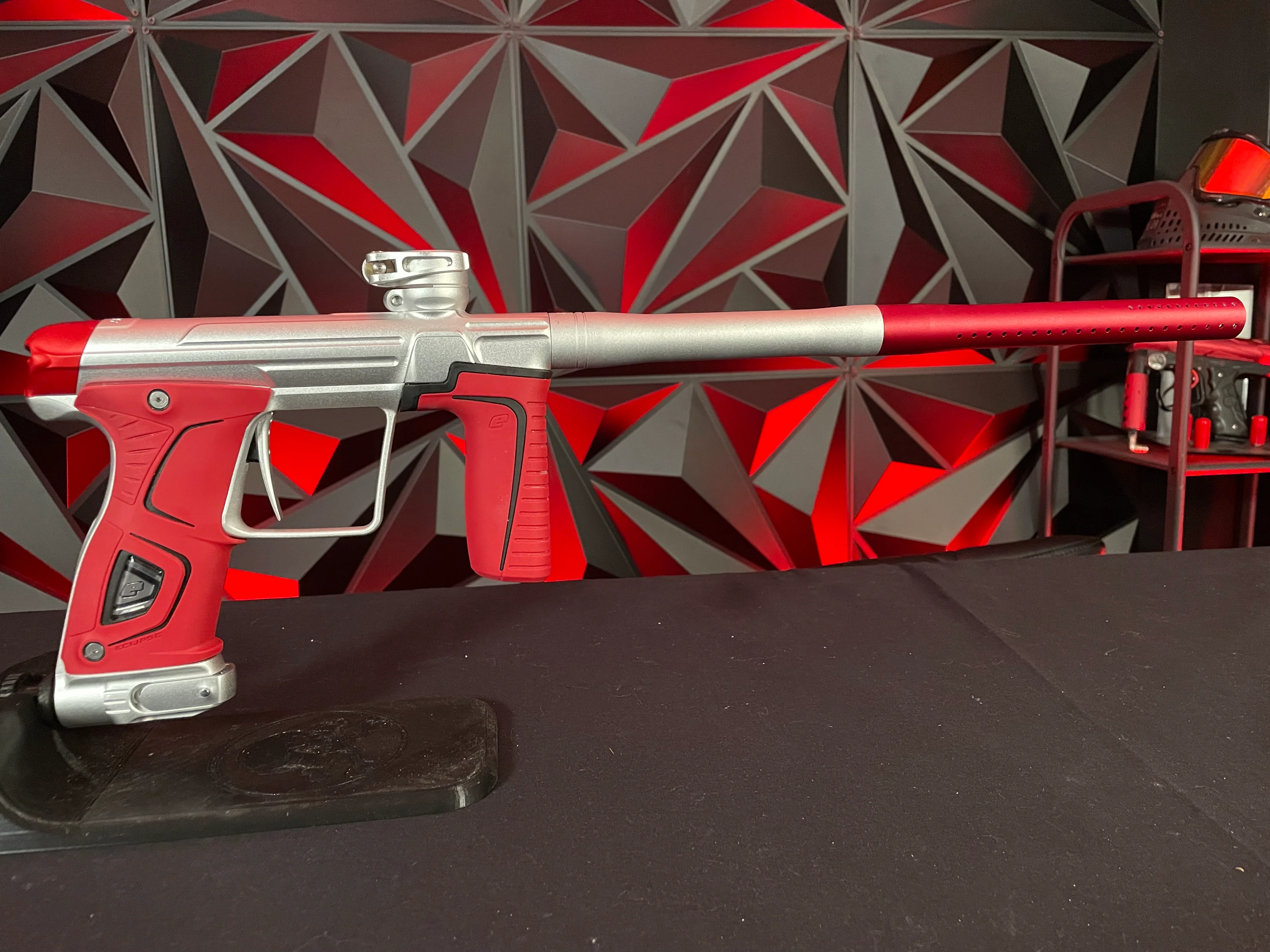 Used Planet Eclipse Gtek 170r Paintball Marker - Silver w/ Red Infamous Back Cap, Red Grip Kit, Red Barrel tip - Image 5