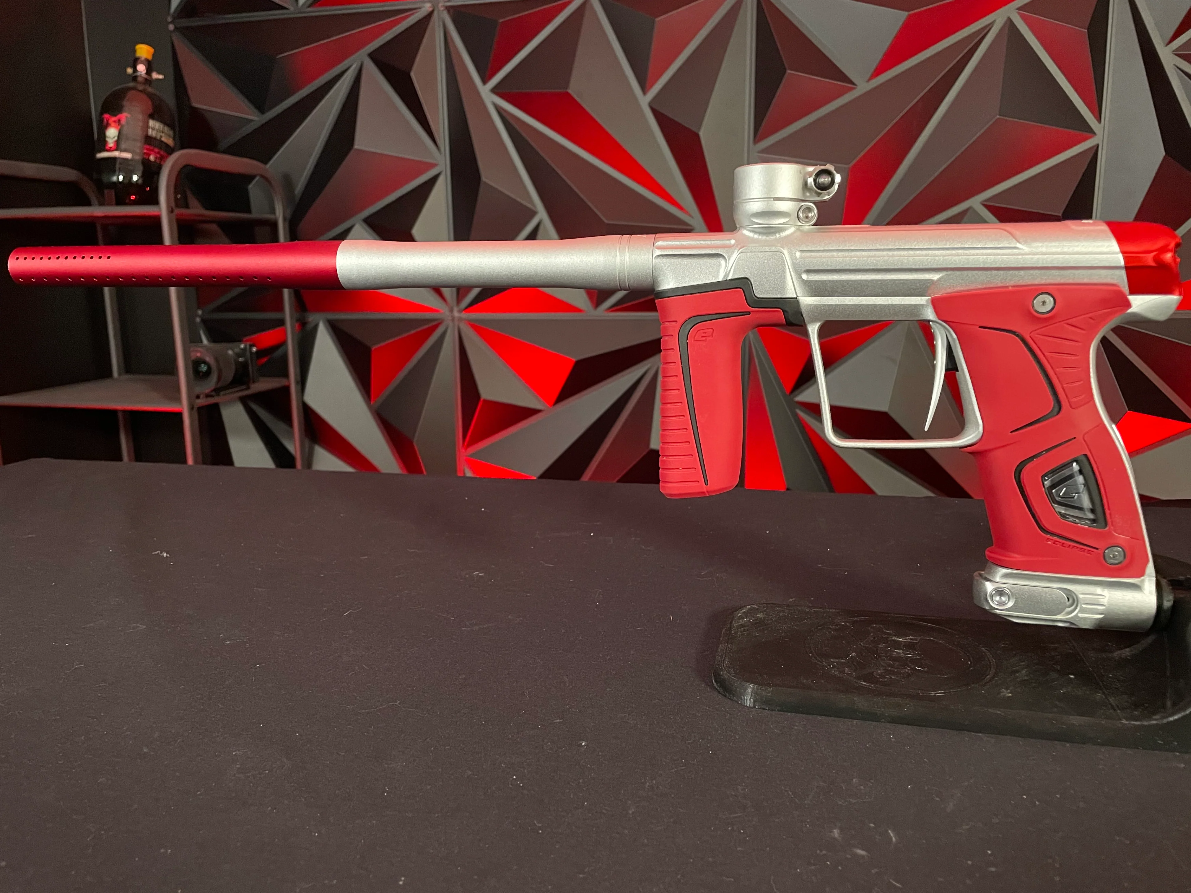 Used Planet Eclipse Gtek 170r Paintball Marker - Silver w/ Red Infamous Back Cap, Red Grip Kit, Red Barrel tip - Image 6