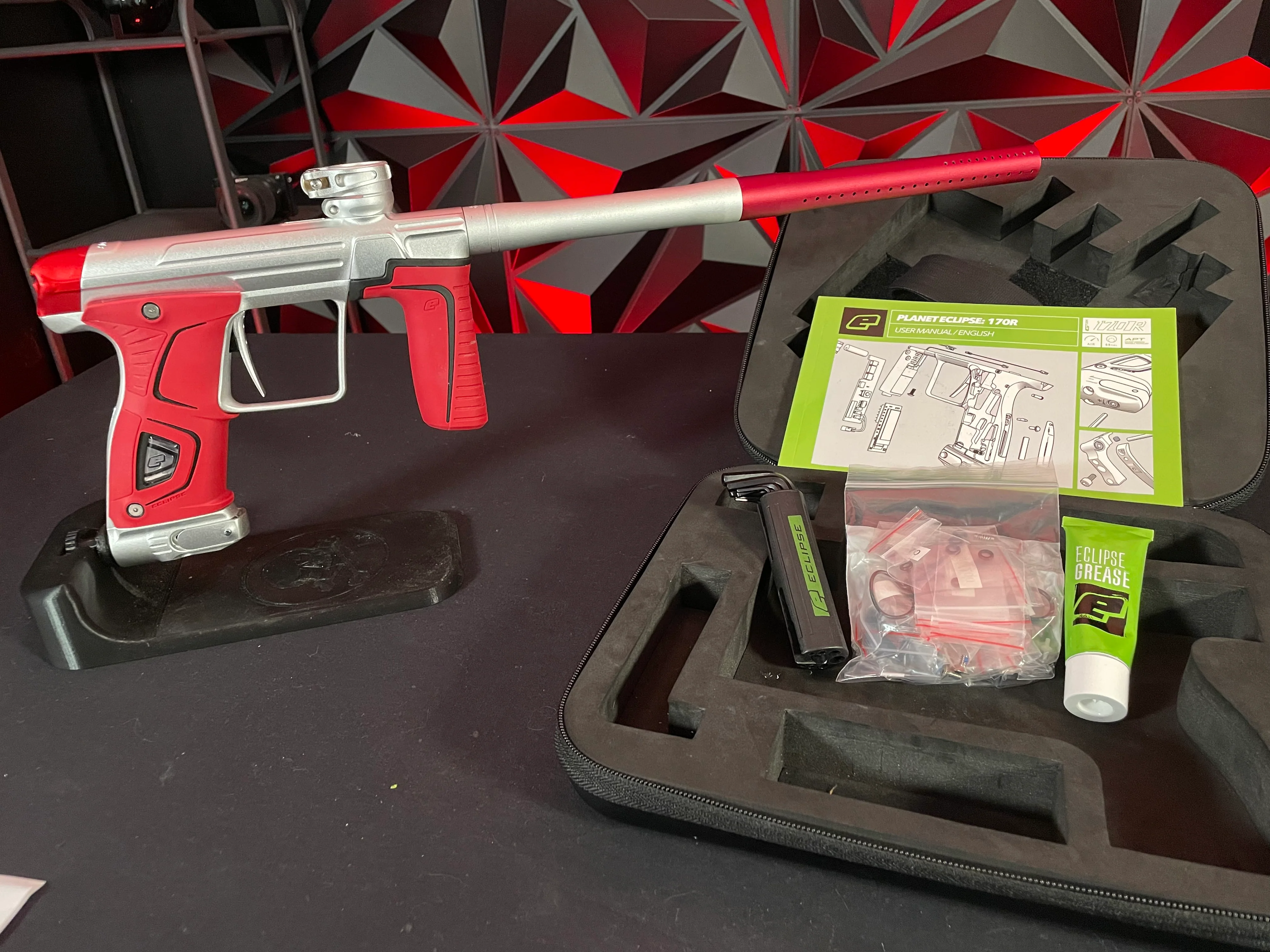Used Planet Eclipse Gtek 170r Paintball Marker - Silver w/ Red Infamous Back Cap, Red Grip Kit, Red Barrel tip - Image 7