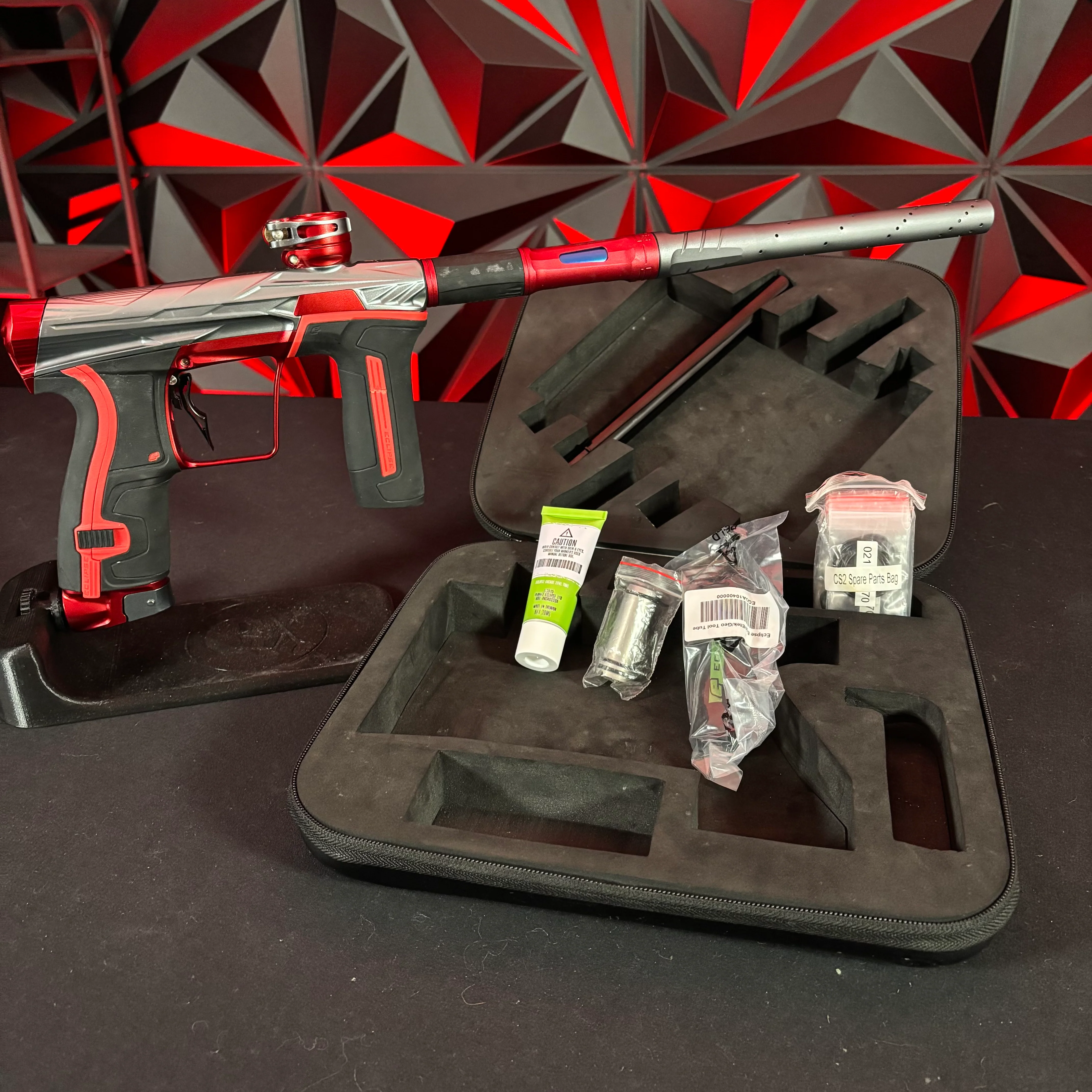Used Planet Eclipse/HK Army CS2 Invader Paintball Gun - Gunmetal/Red w/ s63 Barrel System, Infamous Deuce Trigger, and Black/Red Grip Kit