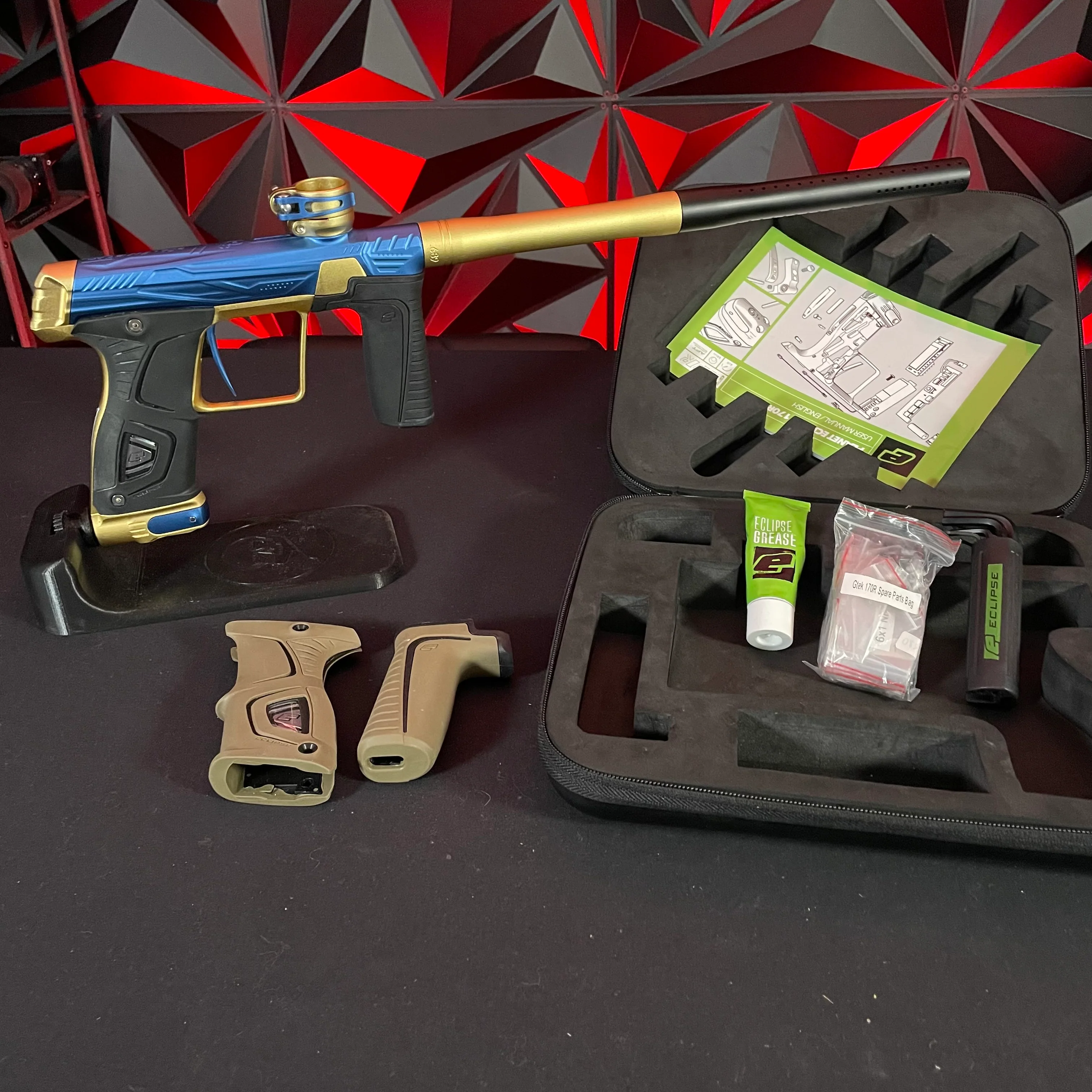 Used Planet Eclipse/HK Army Gtek 170R Paintball Gun - Blue/Gold w/ Earth Grips and Stock Grips - Image 7