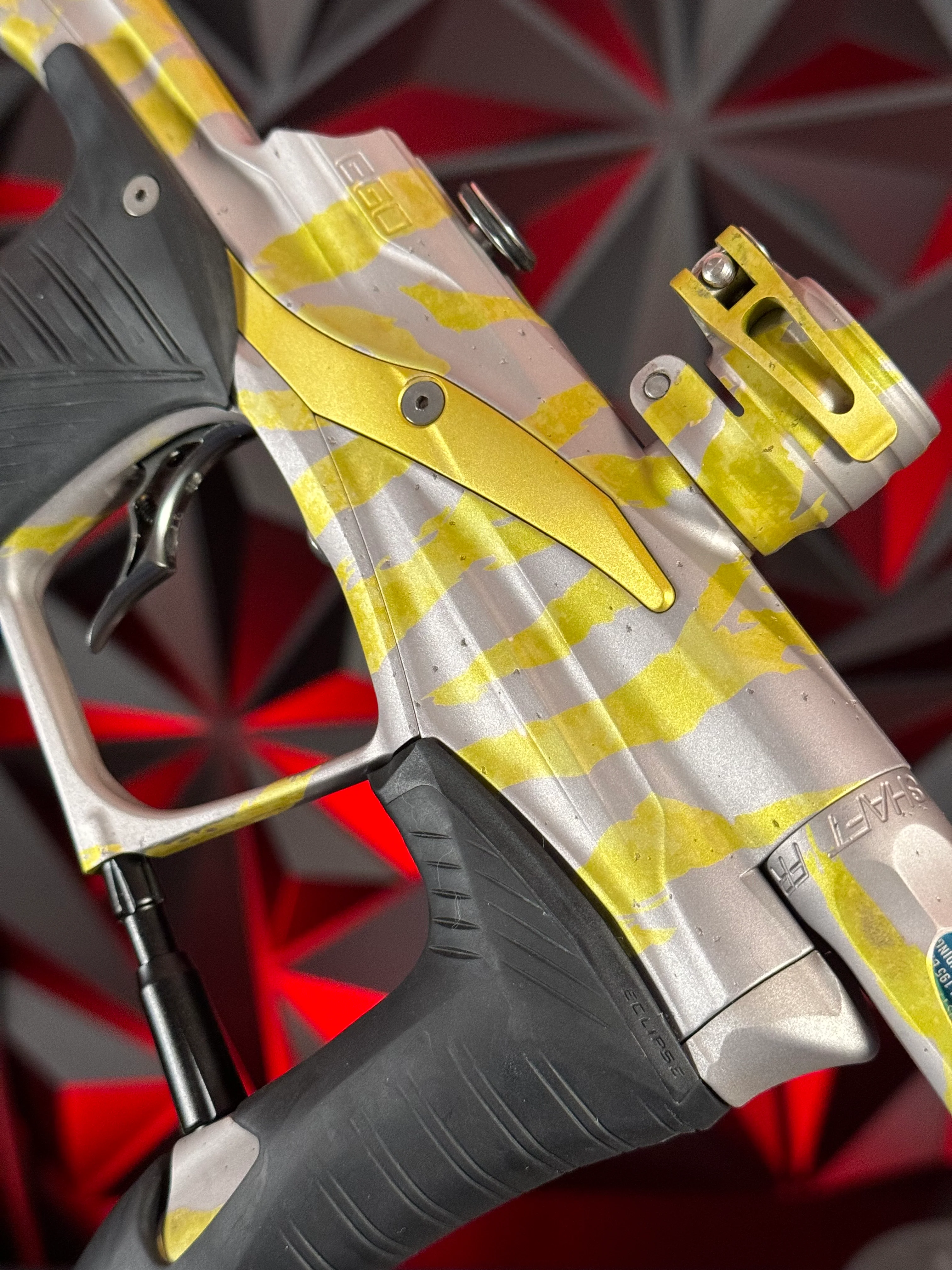 Used Planet Eclipse LV1.1 Paintball Gun - Custom Anno Silver/Yellow Tiger w/Deuce Trigger, TechT Bolt, White & Black Grip Kit - Image 11