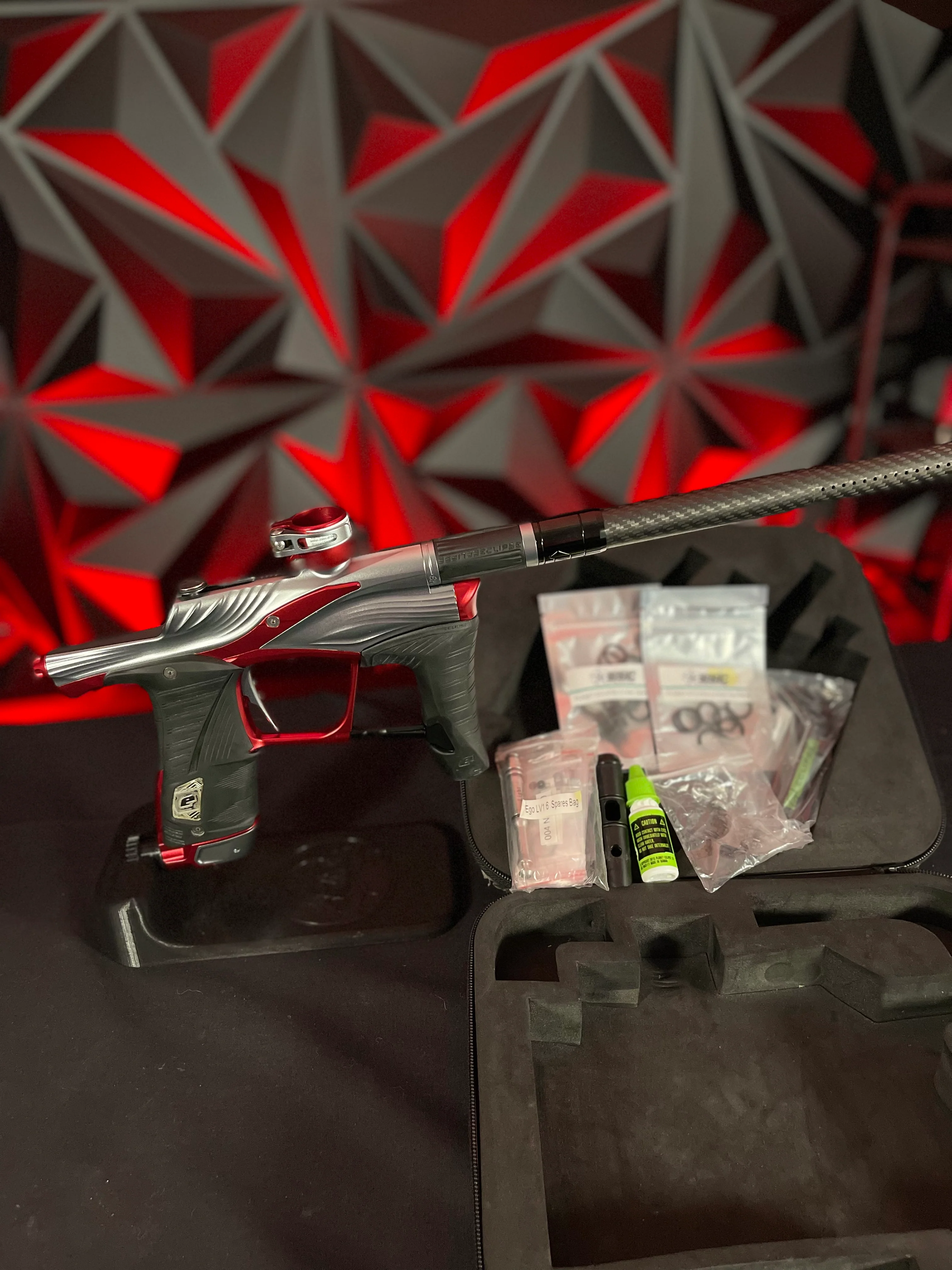 Used Planet Eclipse LV1.6 Paintball Gun - Teahupo Silver/Red w/Deuce Trigger, SSC Bolt, SSC Spare Parts Kit - Image 7