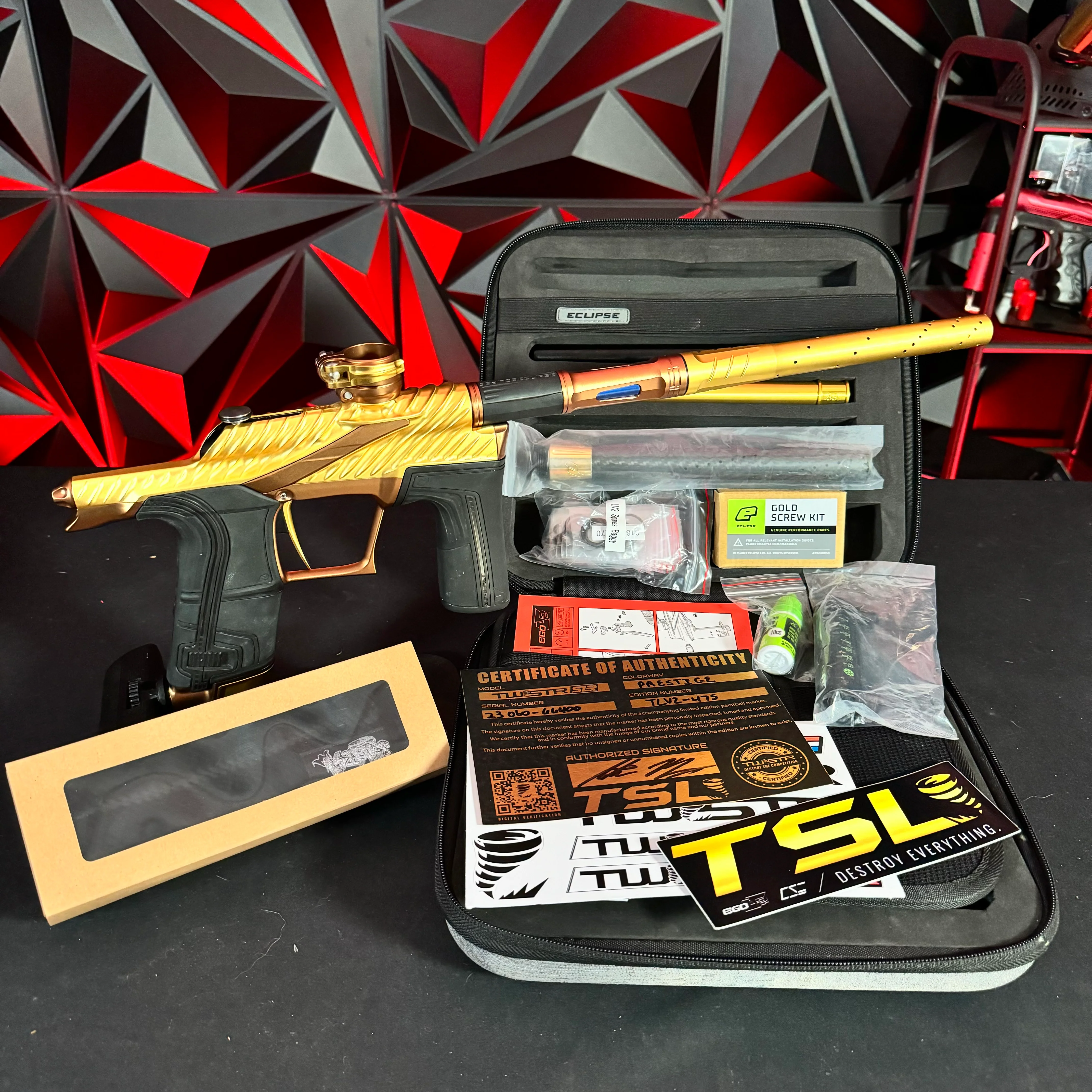Used Planet Eclipse Twister "TSL" LV2 Paintball Gun - Gold/Bronze w/ King Creation Headband, Gold Screws, Carbon Tip