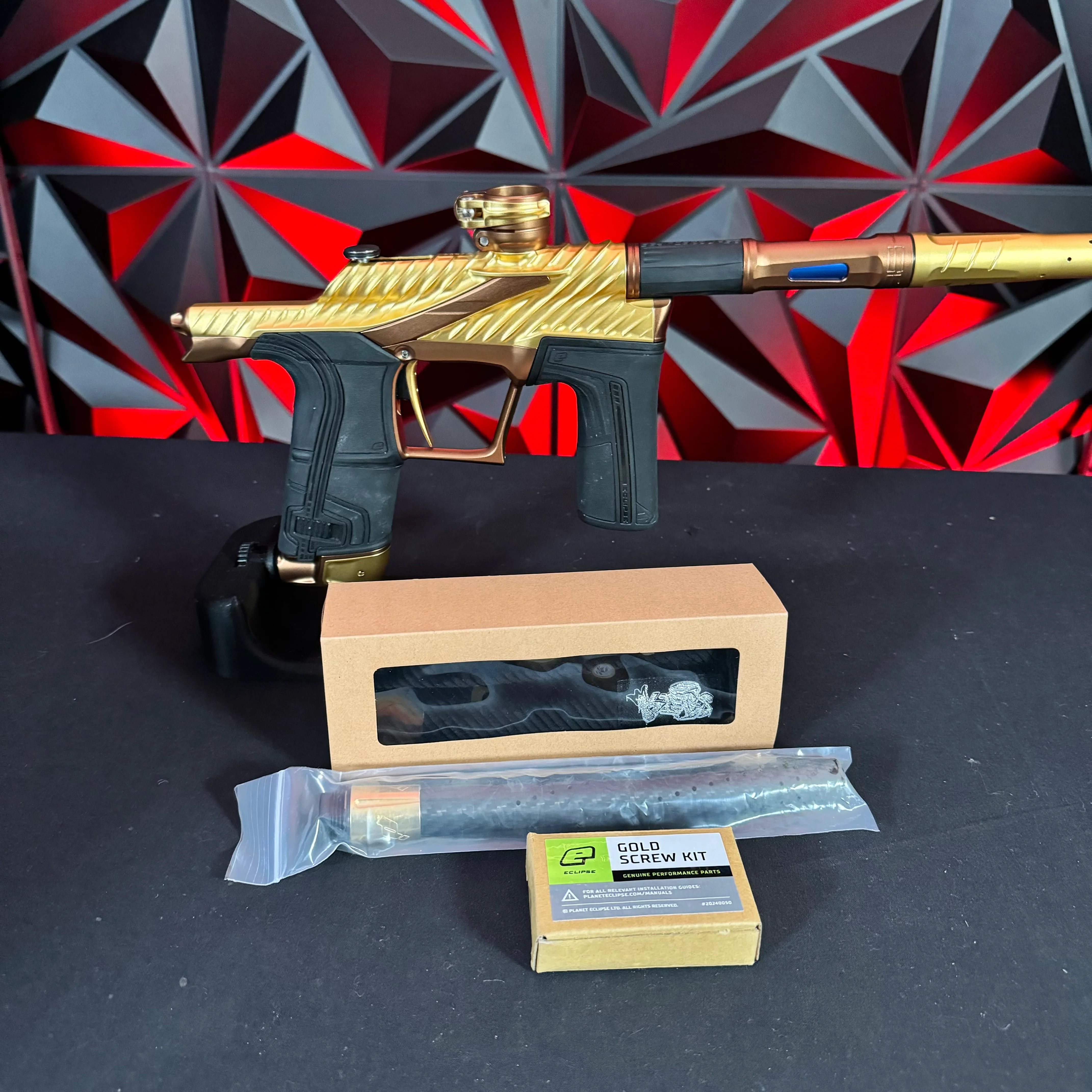 Used Planet Eclipse Twister "TSL" LV2 Paintball Gun - Gold/Bronze w/ King Creation Headband, Gold Screws, Carbon Tip - Image 10