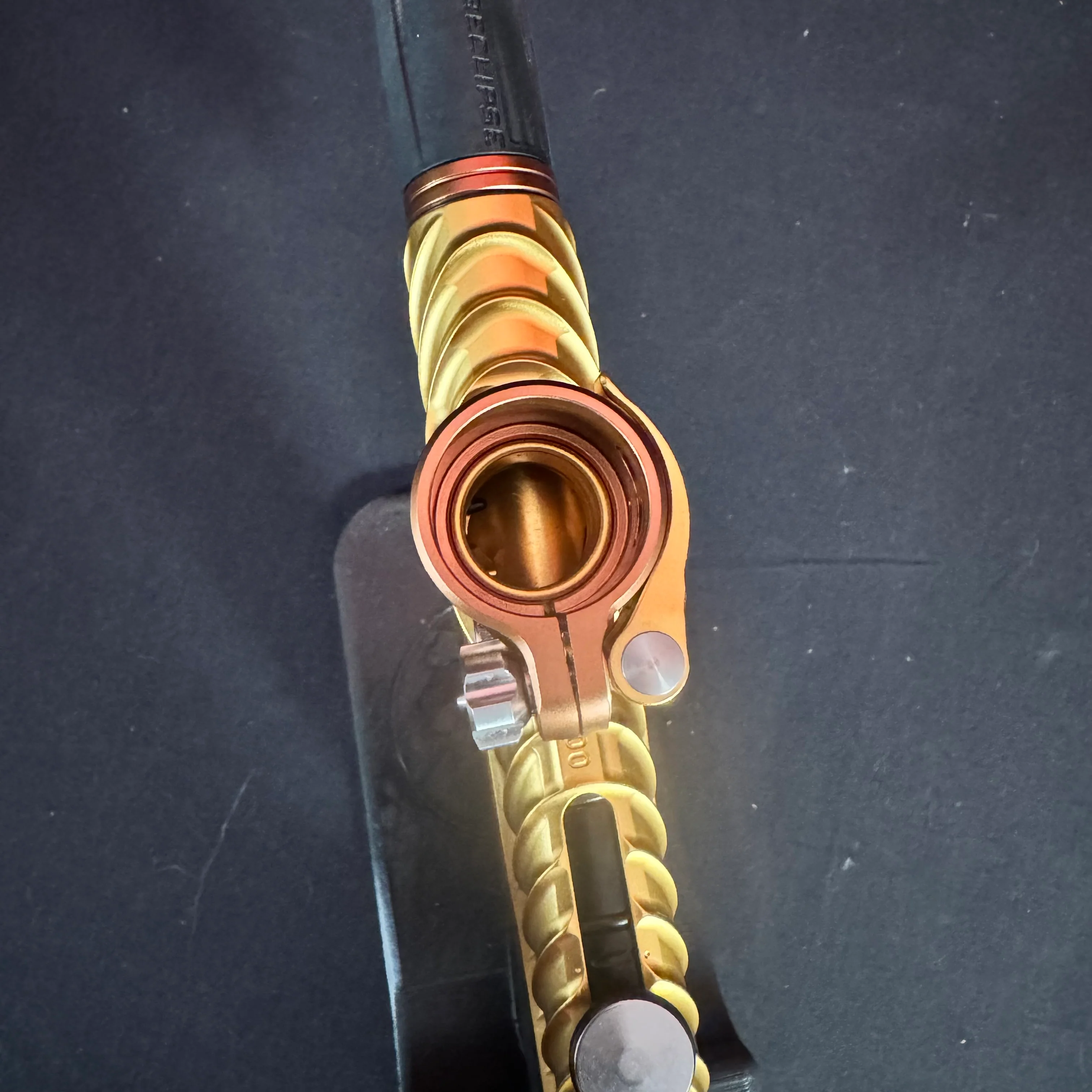 Used Planet Eclipse Twister "TSL" LV2 Paintball Gun - Gold/Bronze w/ King Creation Headband, Gold Screws, Carbon Tip - Image 11