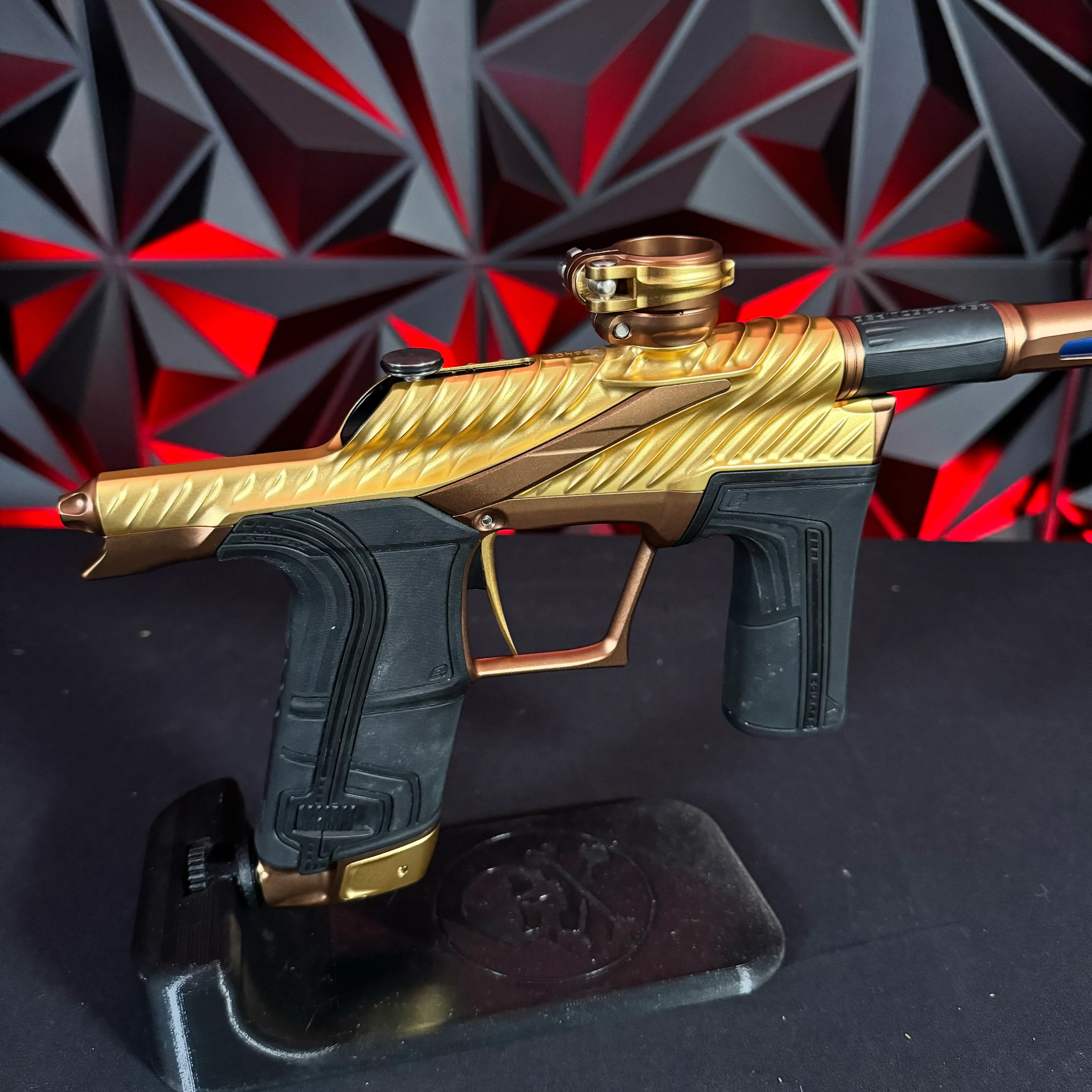 Used Planet Eclipse Twister "TSL" LV2 Paintball Gun - Gold/Bronze w/ King Creation Headband, Gold Screws, Carbon Tip - Image 2