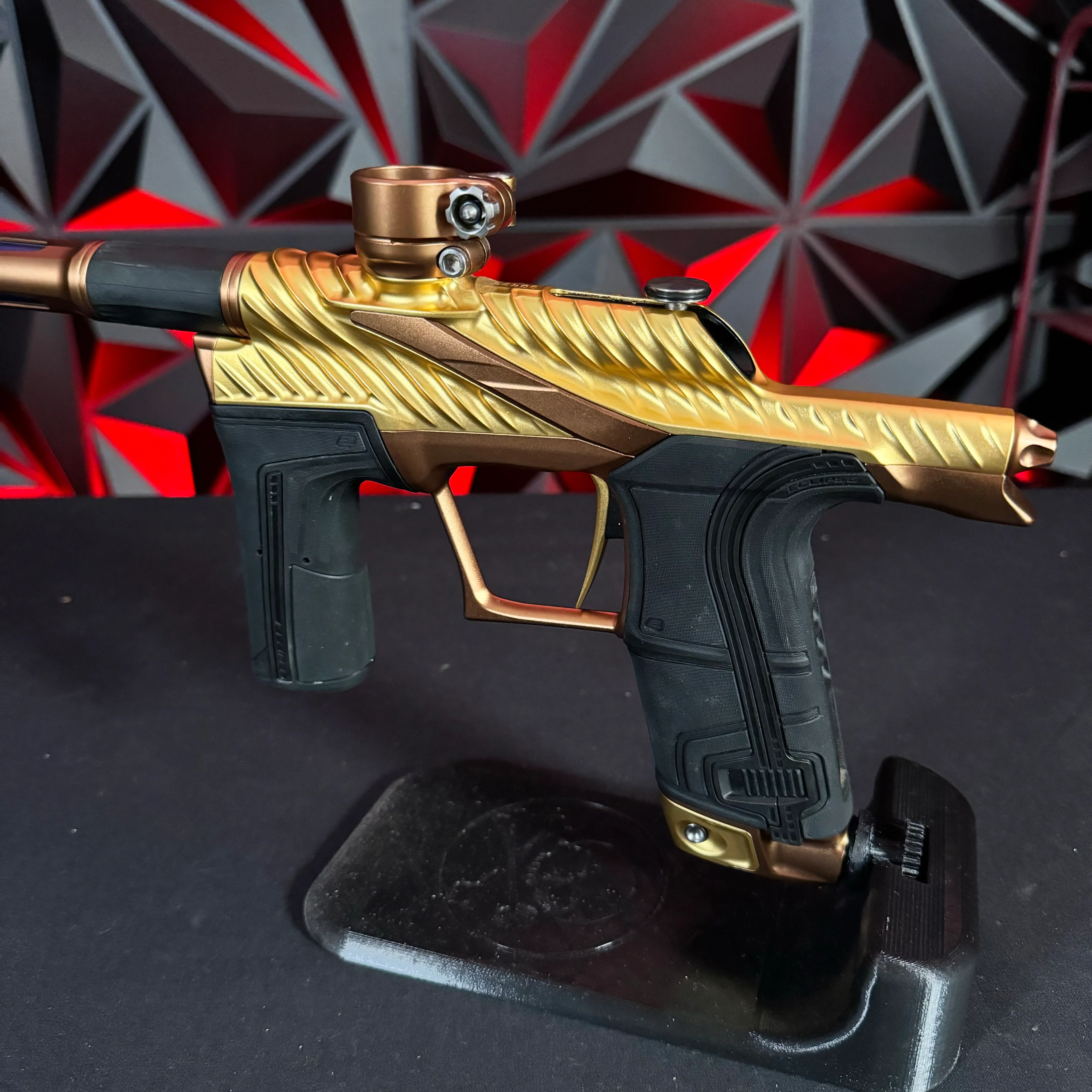 Used Planet Eclipse Twister "TSL" LV2 Paintball Gun - Gold/Bronze w/ King Creation Headband, Gold Screws, Carbon Tip - Image 3