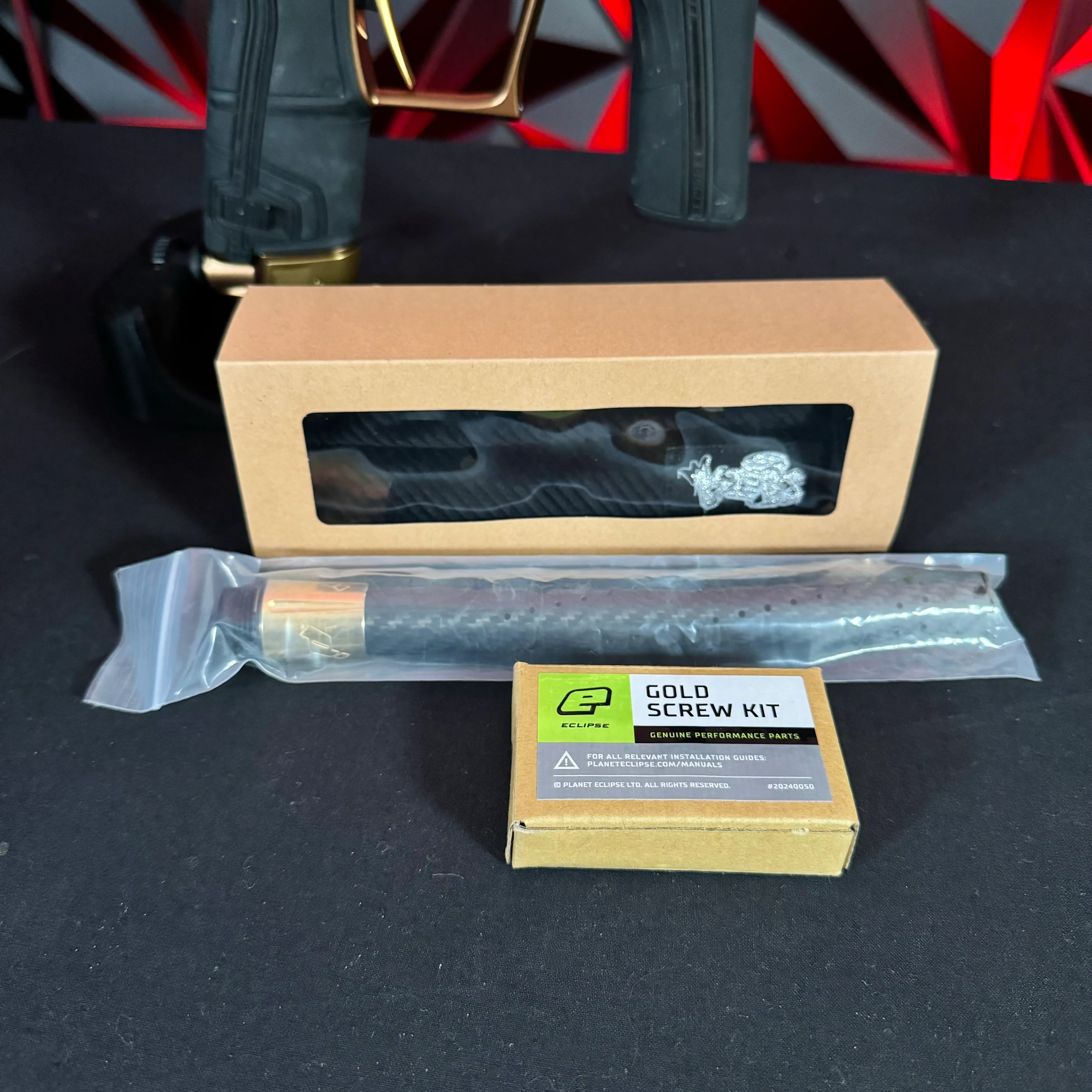 Used Planet Eclipse Twister "TSL" LV2 Paintball Gun - Gold/Bronze w/ King Creation Headband, Gold Screws, Carbon Tip - Image 9