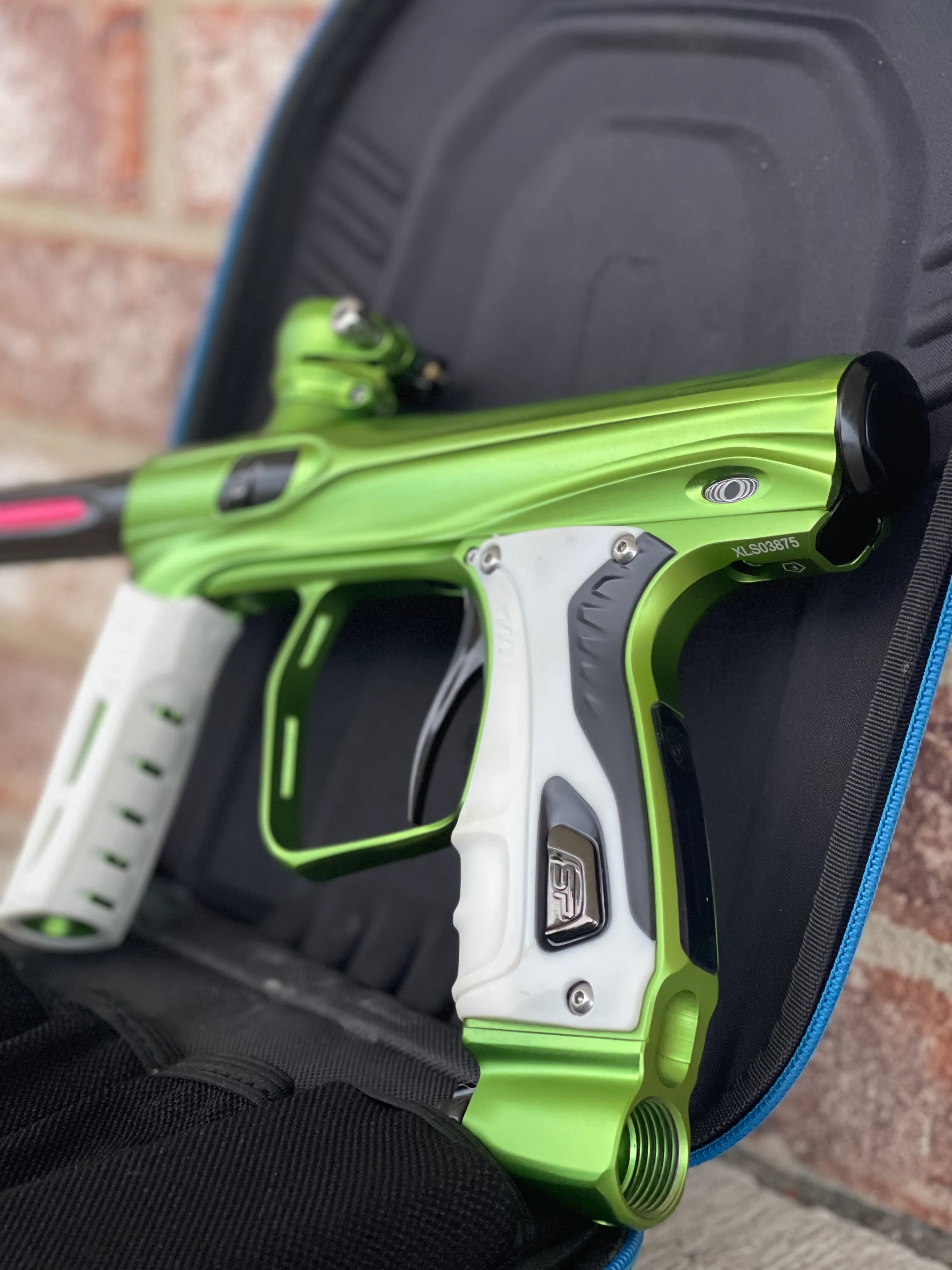Used Shocker XLS Paintball Marker- Green w/ Extra Inserts and White Grips - Image 3