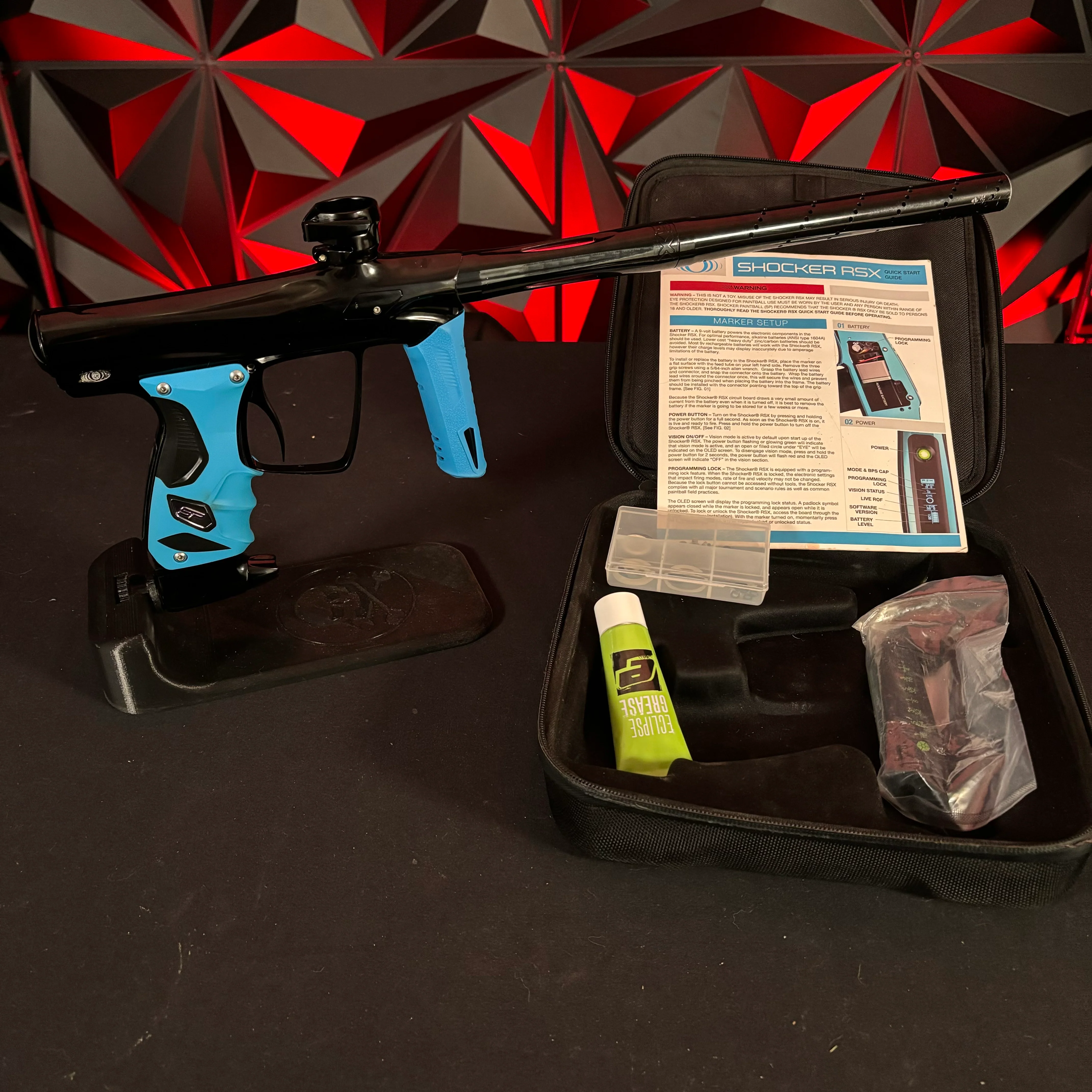 Used Shocker RSX Paintball Gun- Dust Black w/Blue Grip Kit