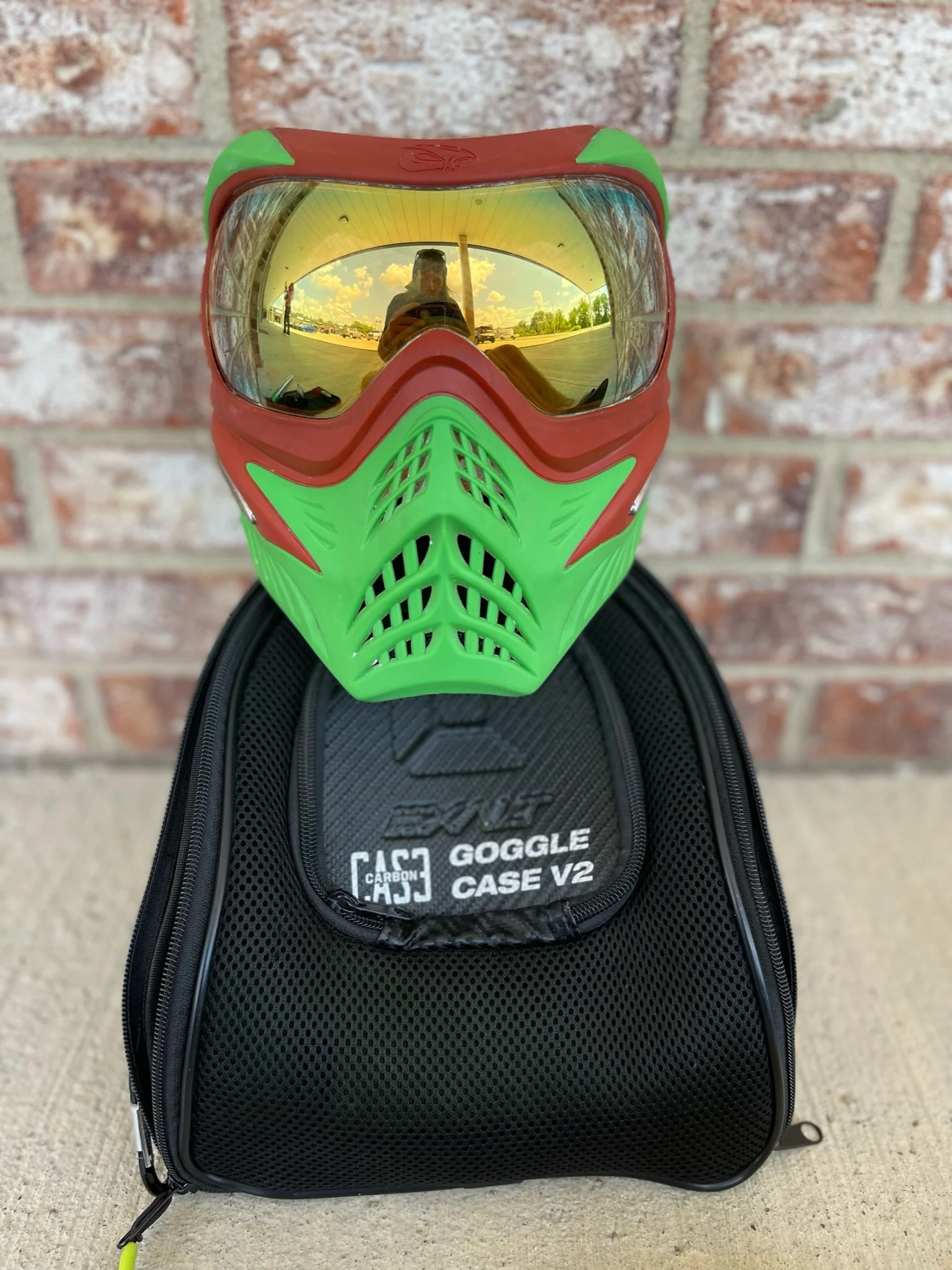 Used V-Force Grill Paintball Mask - Cowabunganga Series - Green/Red w/ 2 lenses & Exalt Goggle Case - Image 2