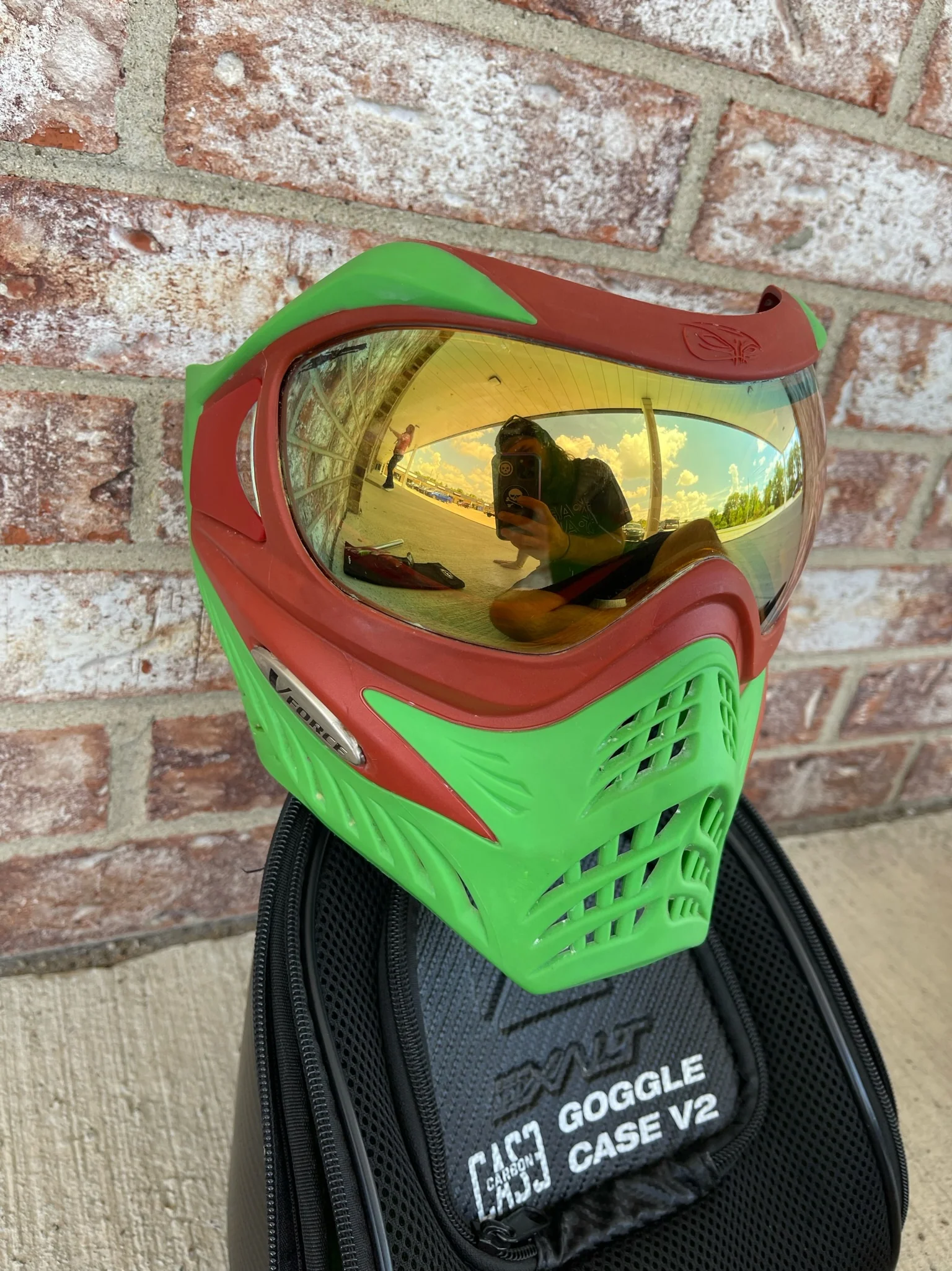 Used V-Force Grill Paintball Mask - Cowabunganga Series - Green/Red w/ 2 lenses & Exalt Goggle Case - Image 3