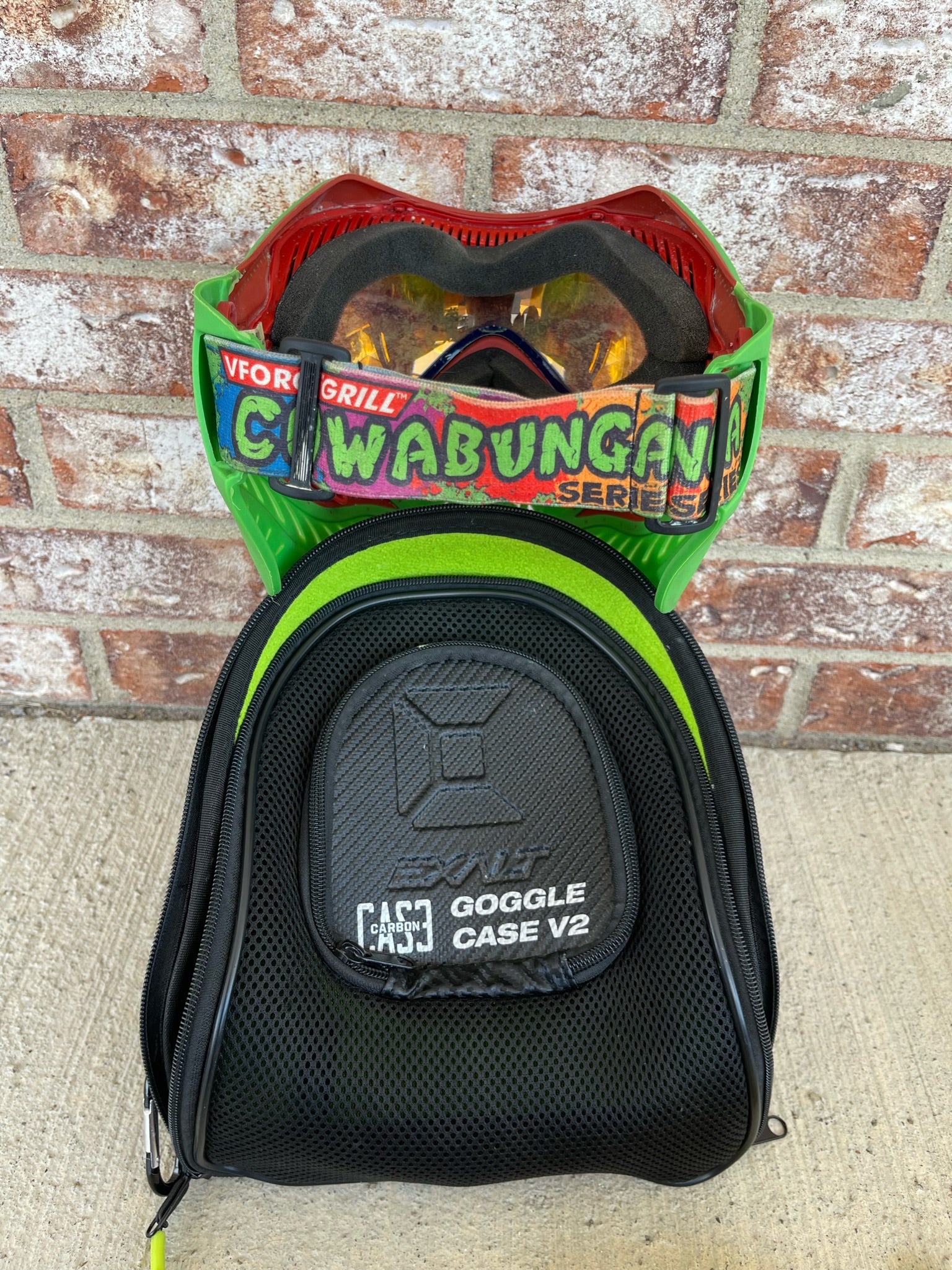 Used V-Force Grill Paintball Mask - Cowabunganga Series - Green/Red w/ 2 lenses & Exalt Goggle Case - Image 5