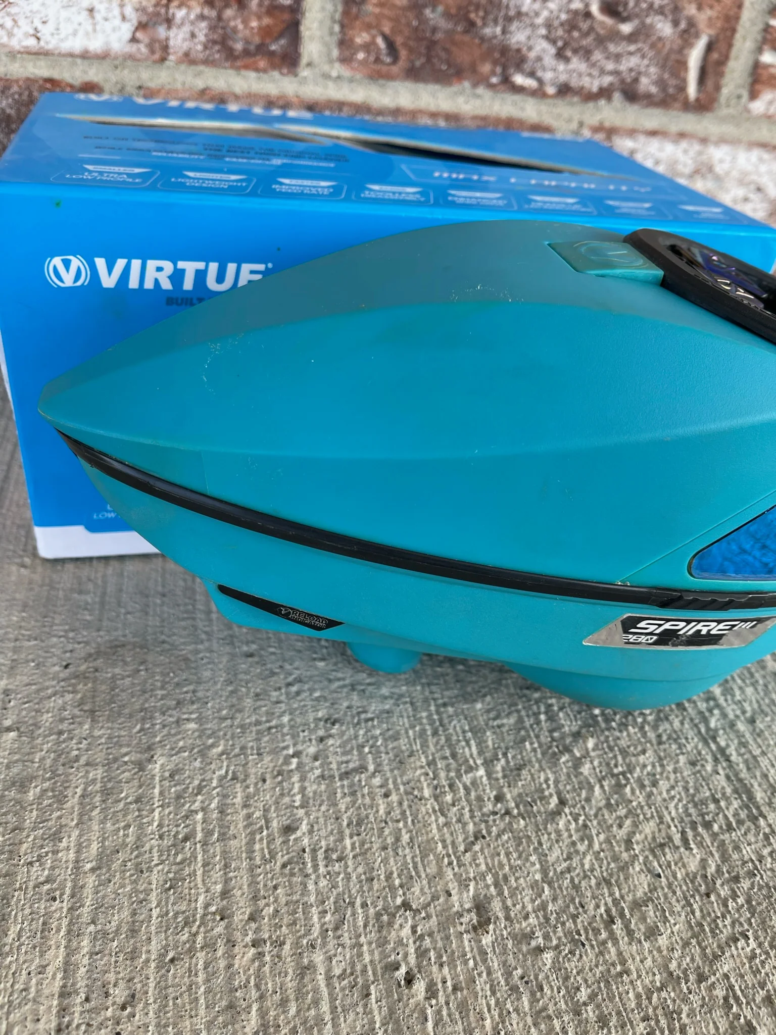 Used Virtue Spire 3 280 Paintball Loader - Teal w/ Virtue Crown Speed feed - Image 3