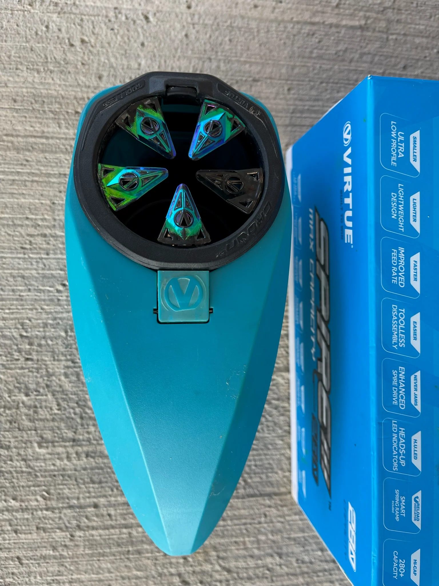 Used Virtue Spire 3 280 Paintball Loader - Teal w/ Virtue Crown Speed feed - Image 5