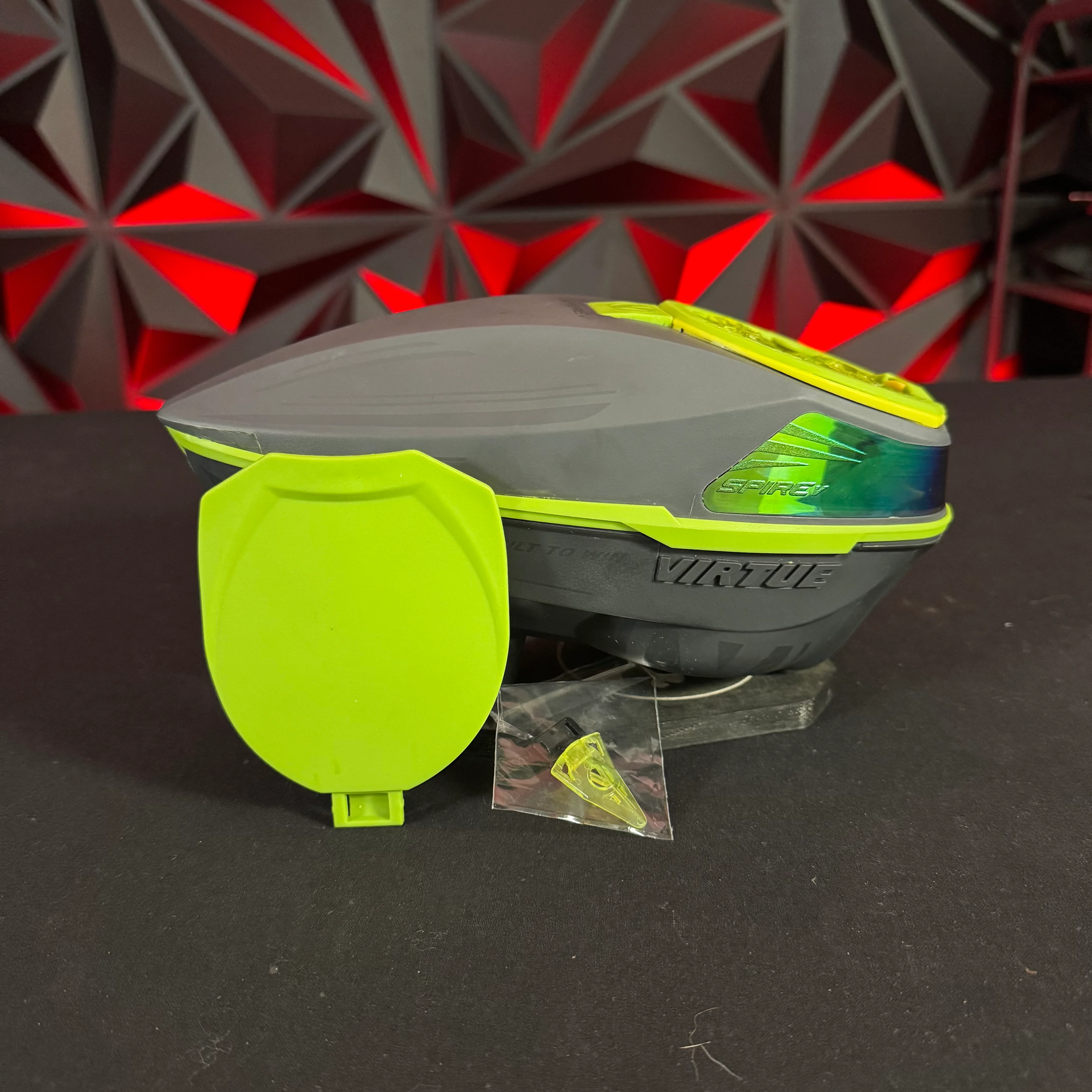 Used Virtue Spire 5 Paintball Loader - Grey w/Lime accents, Speedfeed, & Rainlid
