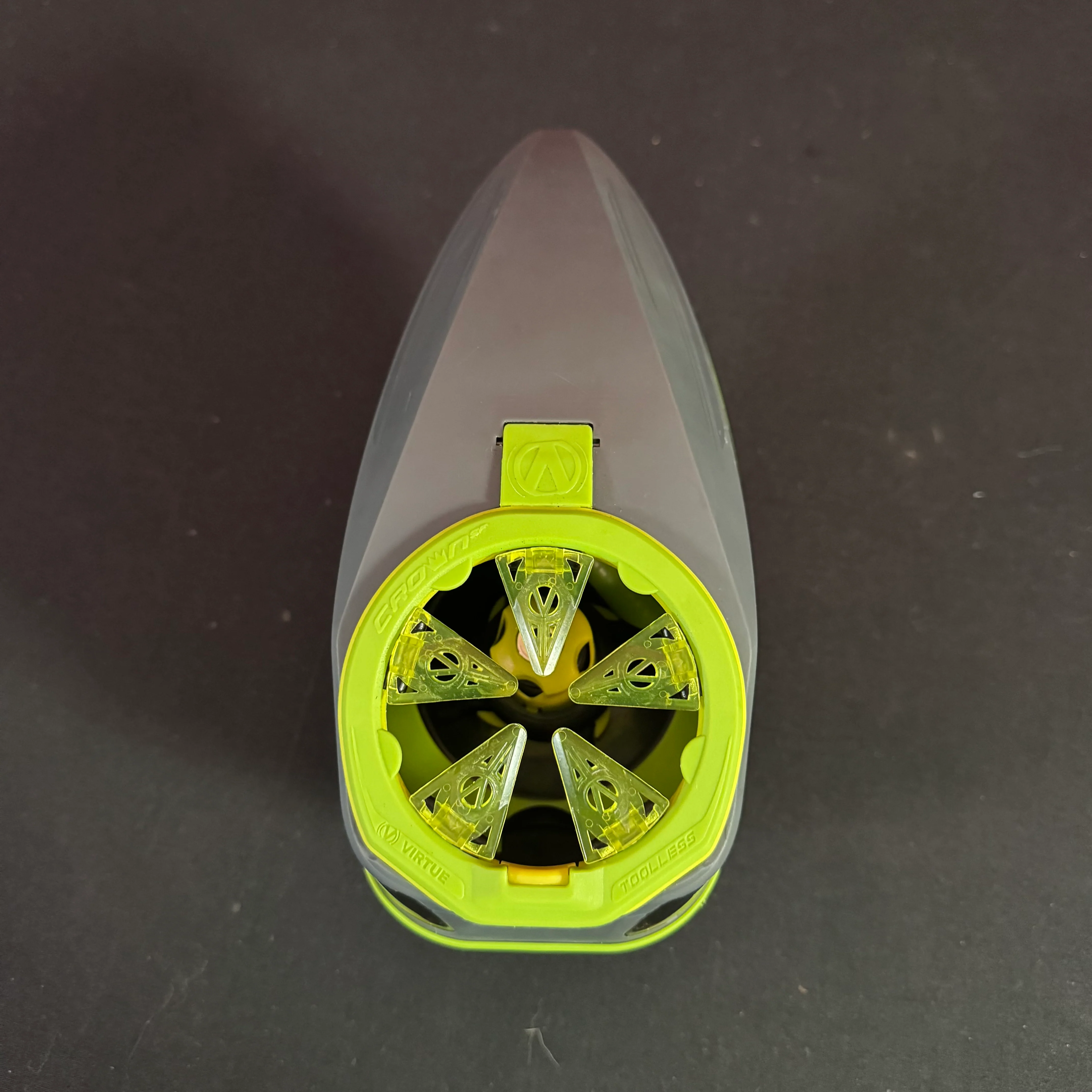 Used Virtue Spire 5 Paintball Loader - Grey w/Lime accents, Speedfeed, & Rainlid - Image 6