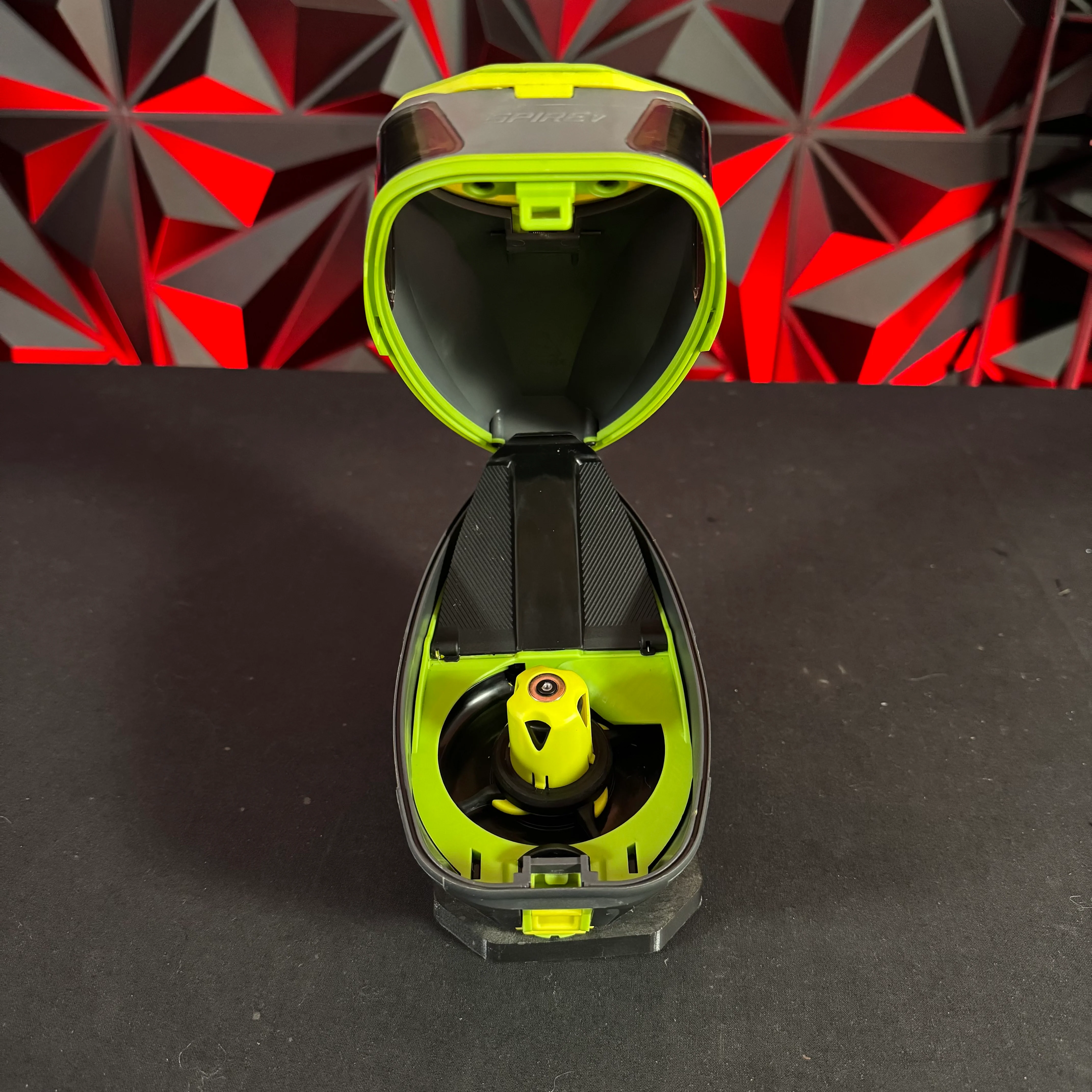 Used Virtue Spire 5 Paintball Loader - Grey w/Lime accents, Speedfeed, & Rainlid - Image 7