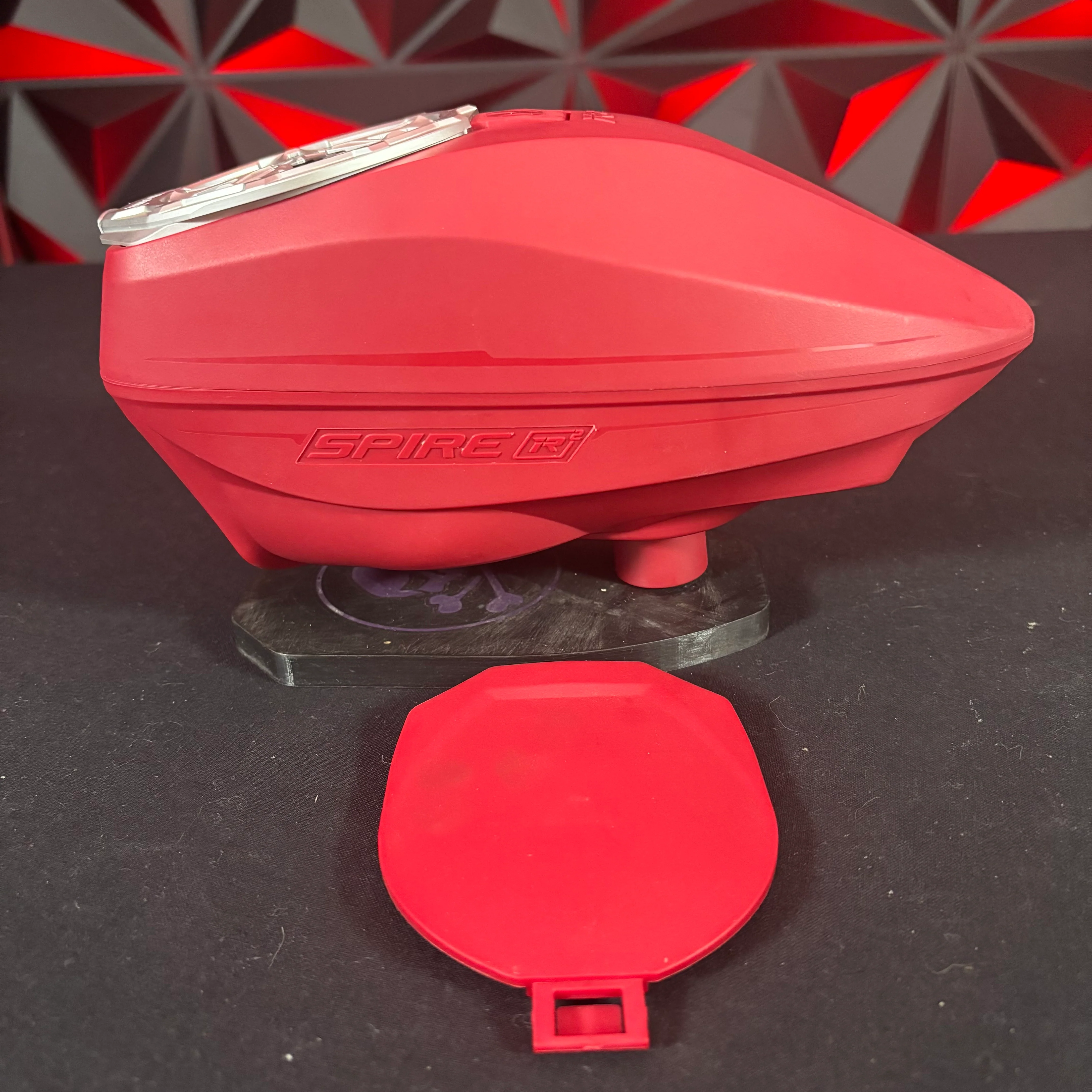 Used Virtue Spire IR2 Paintball Loader - Red w/ HK Army Evo Pro Speed Feed & Rain Lid