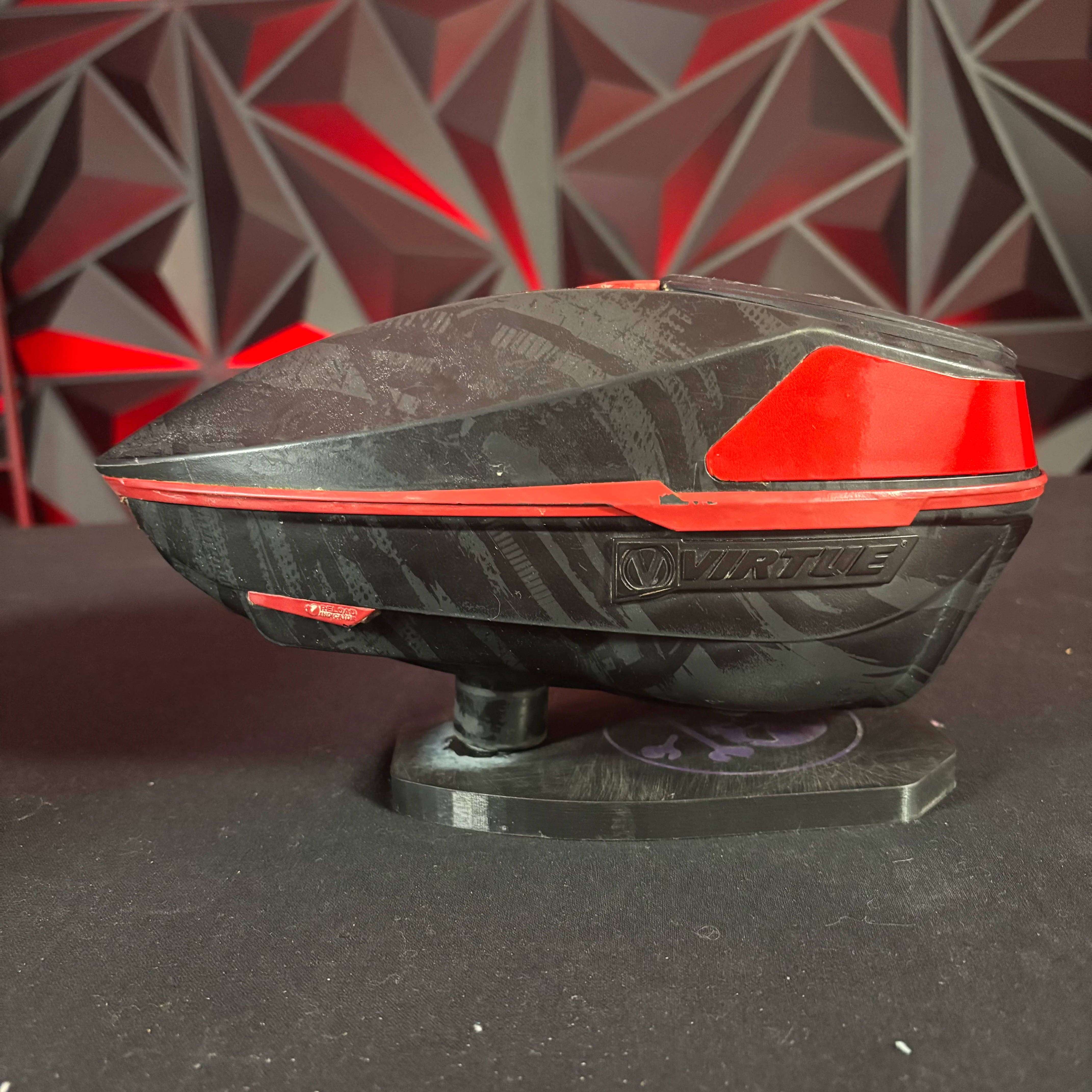 Used Virtue Spire IV Paintball Loader - Graphic w/ Red Painted Accents & NTR Speedfeed & Exalt Loader Case - Image 2